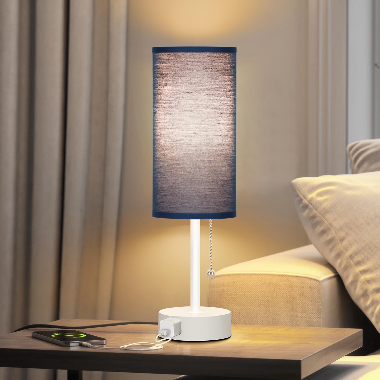 Dott Arts Table Lamp For Bedroom  3-Color Bedside Lamps With Pull Chain  Bedroom Table Lamps For Nightstand Ac Outlet Small Lamp For Living Room  Bulb Included Blue