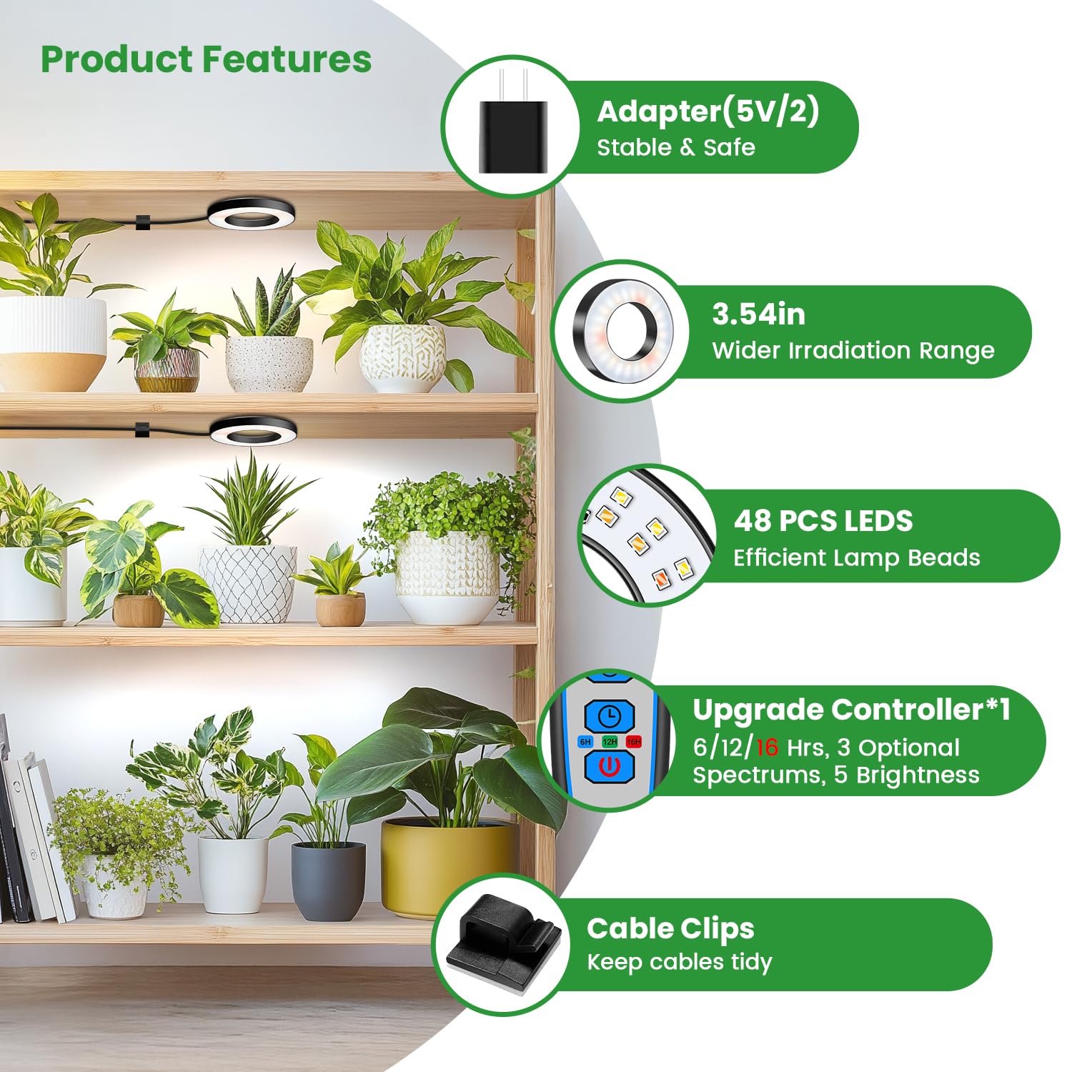 Wiaxulay LED Grow Light for Indoor Plants, 48 LEDs, Full Spectrum, 3.5in One Head, Black, Model BL-B20B, Auto Timer, 3 Modes,