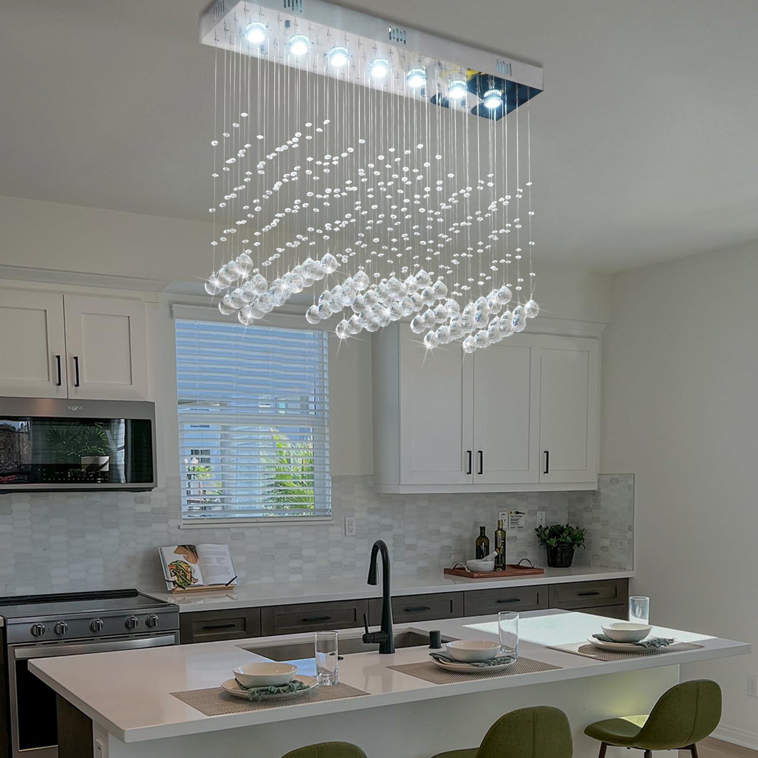 Crystop Contemporary Rectangular Chandelier, 7-Light Raindrop Pendant, 23.6X9.8X27.6, Silver, Crystal Ceiling Light For Dining Room/Kitchen