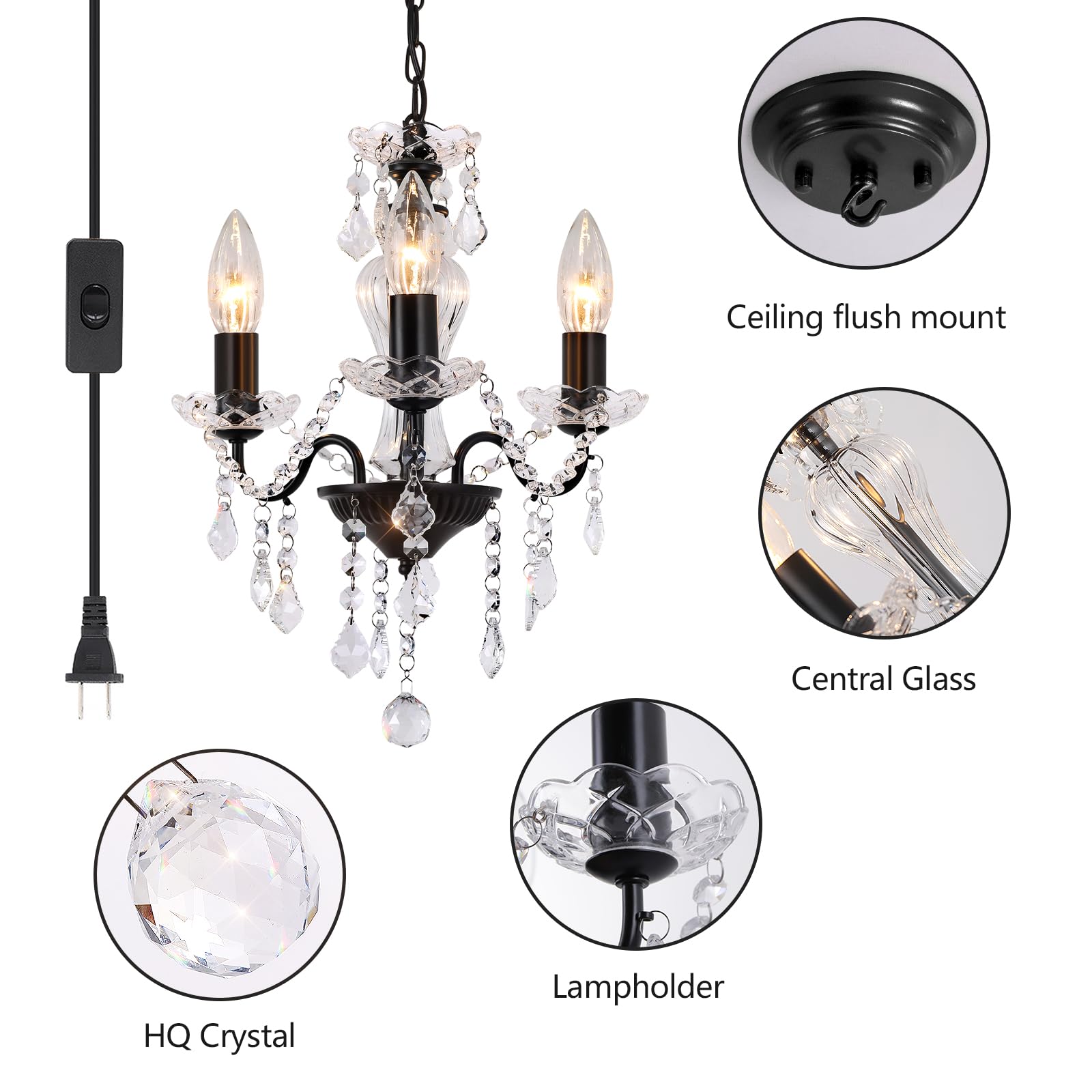 Chanlited Plug In Modern 3-Light Black Chandelier With Glass Crystals, Candle Style Pendant Light Fixtures For Living Room, Girl