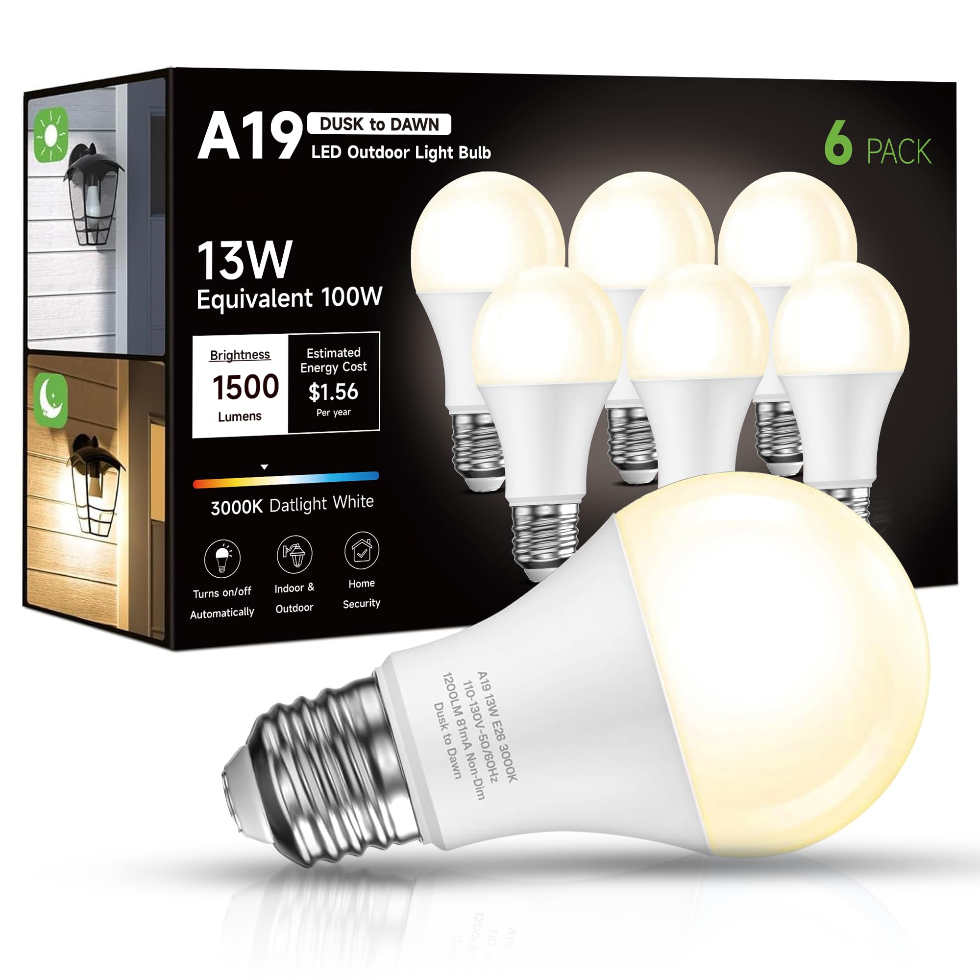 Eastiya Dusk to Dawn Sensor LED Outdoor Light Bulb  Warm White 3000K  A19 13W(100 Watt Equivalent) Bright Porch Lighting  1200LM  Auto-On/Off Photocell Sensor for Garage Yard Patio Garden- 6 Pack