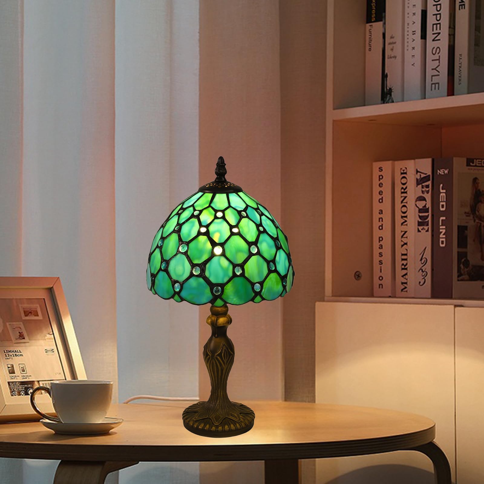 Tuomoxte Tiffany Style Table Lamp, Stained Glass Lamp, 8 Inch Small Antique Lamp, For Bedside Nightstand Bedroom Living Room Home Office, Include Led Bulb