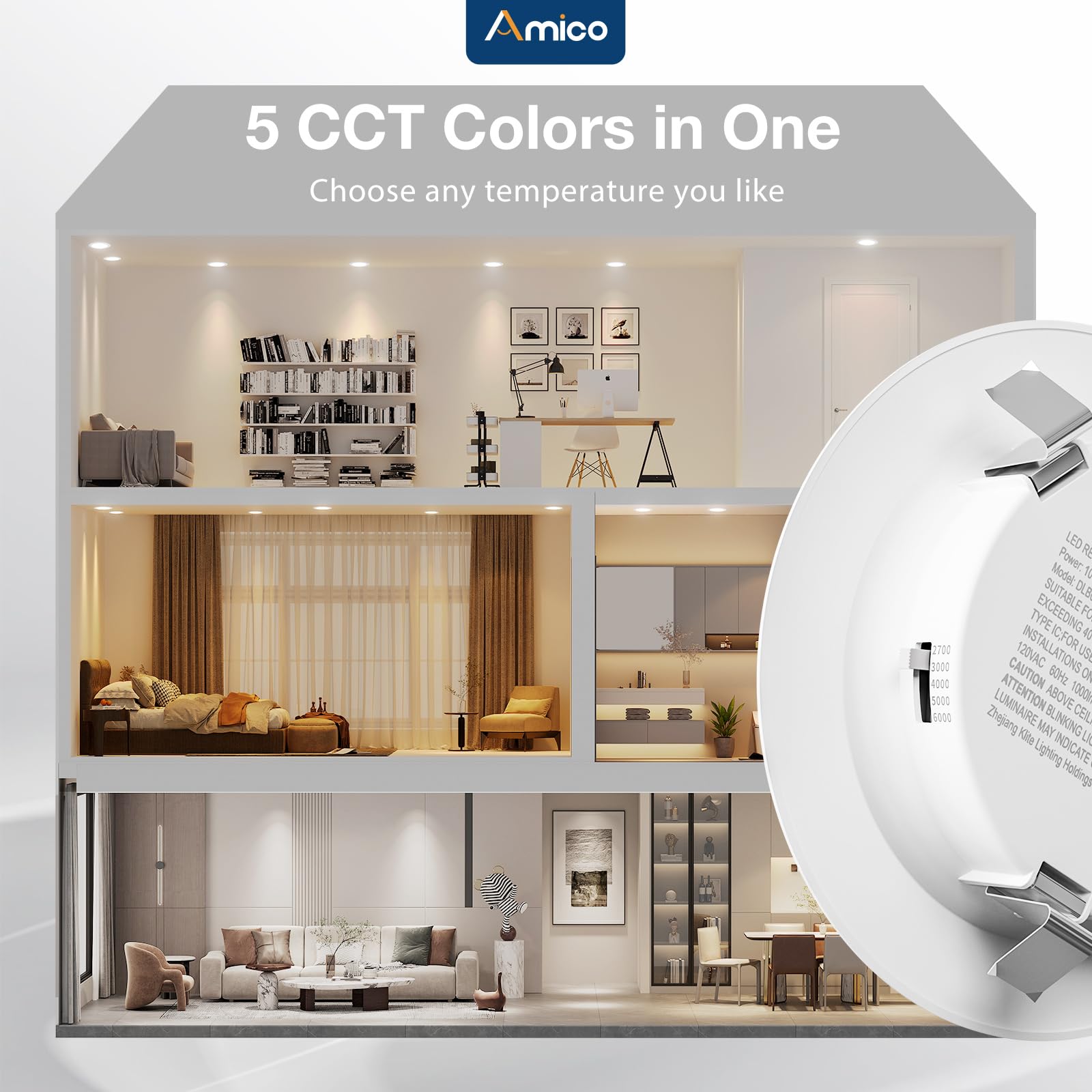 Amico Recessed Lighting 4 Inch, 12 Pack 5Cct Flat Led Can Lights, 2700K/3000K/4000K/5000K/6000K Selectable, 7W=60W, 700Lm Bright