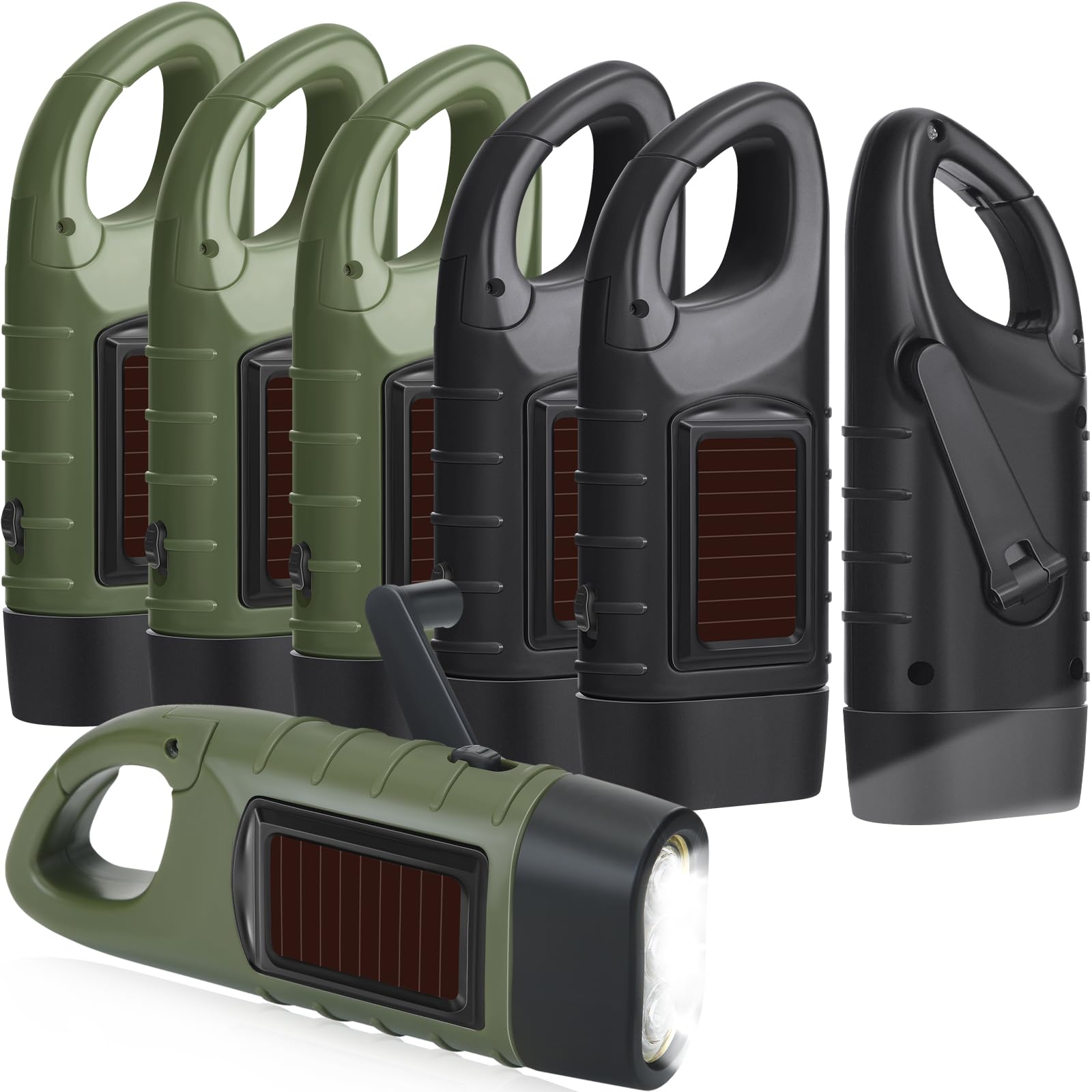 Mudder Hand Crank Solar Powered Flashlights - 6 Pcs Emergency LED for Outdoor Sports, Camping, Hiking - Green/Black, Model CL-Mudder-4655