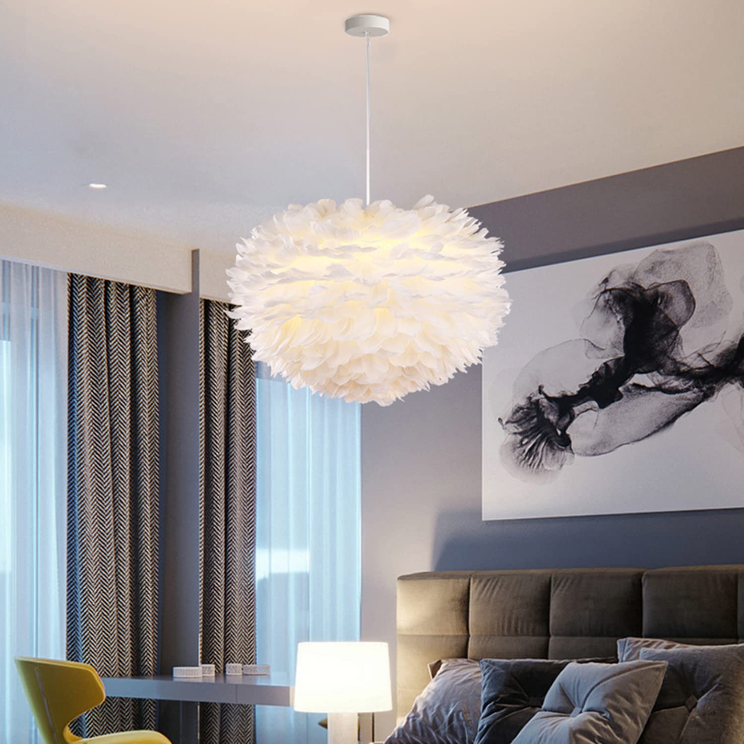 Surpars House White Feather Chandelier Pendant Light for Bedroom and Living Room