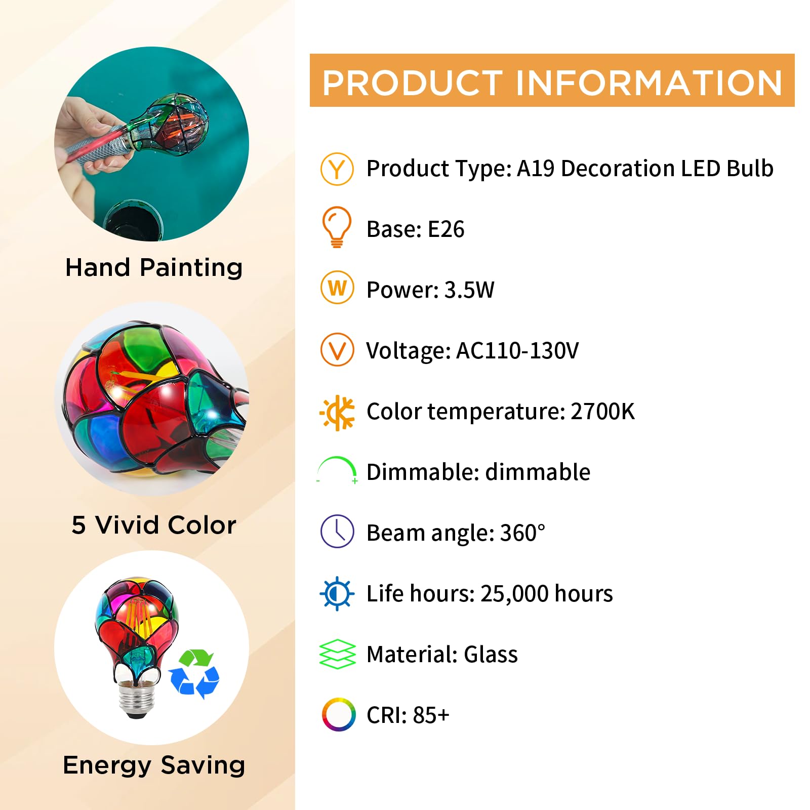 VALUCKY Dimmable Stained Glass LED Bulb, 3.5W E26 Base, A19/A60, 2 Pack, Festive Color for Home & Party Decoration
