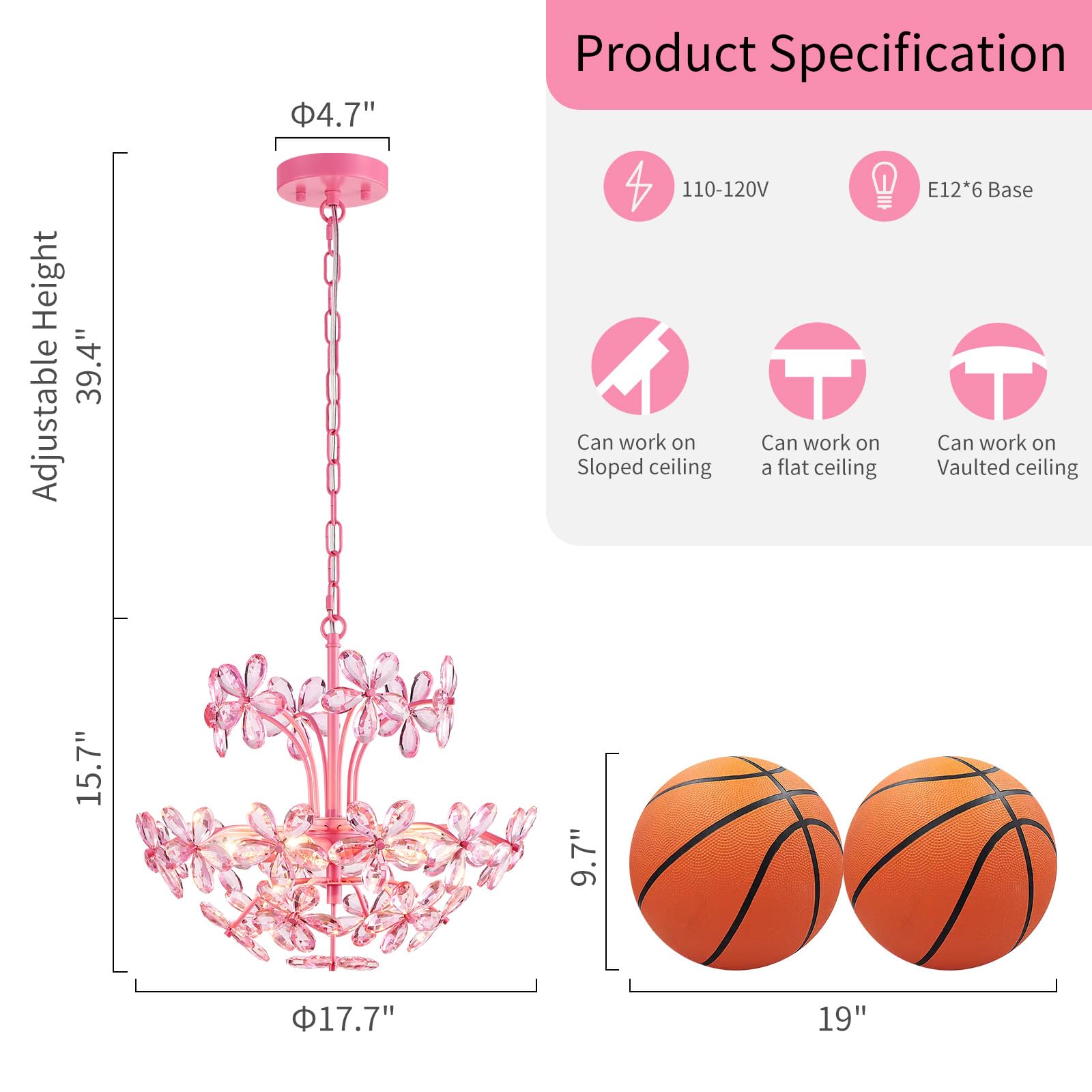 WUZUPS Crystal Chandelier Pendant Light, 15.7in H x 17.7in W, Pink, Metal, 6 Lights, Model USHD90013P-P