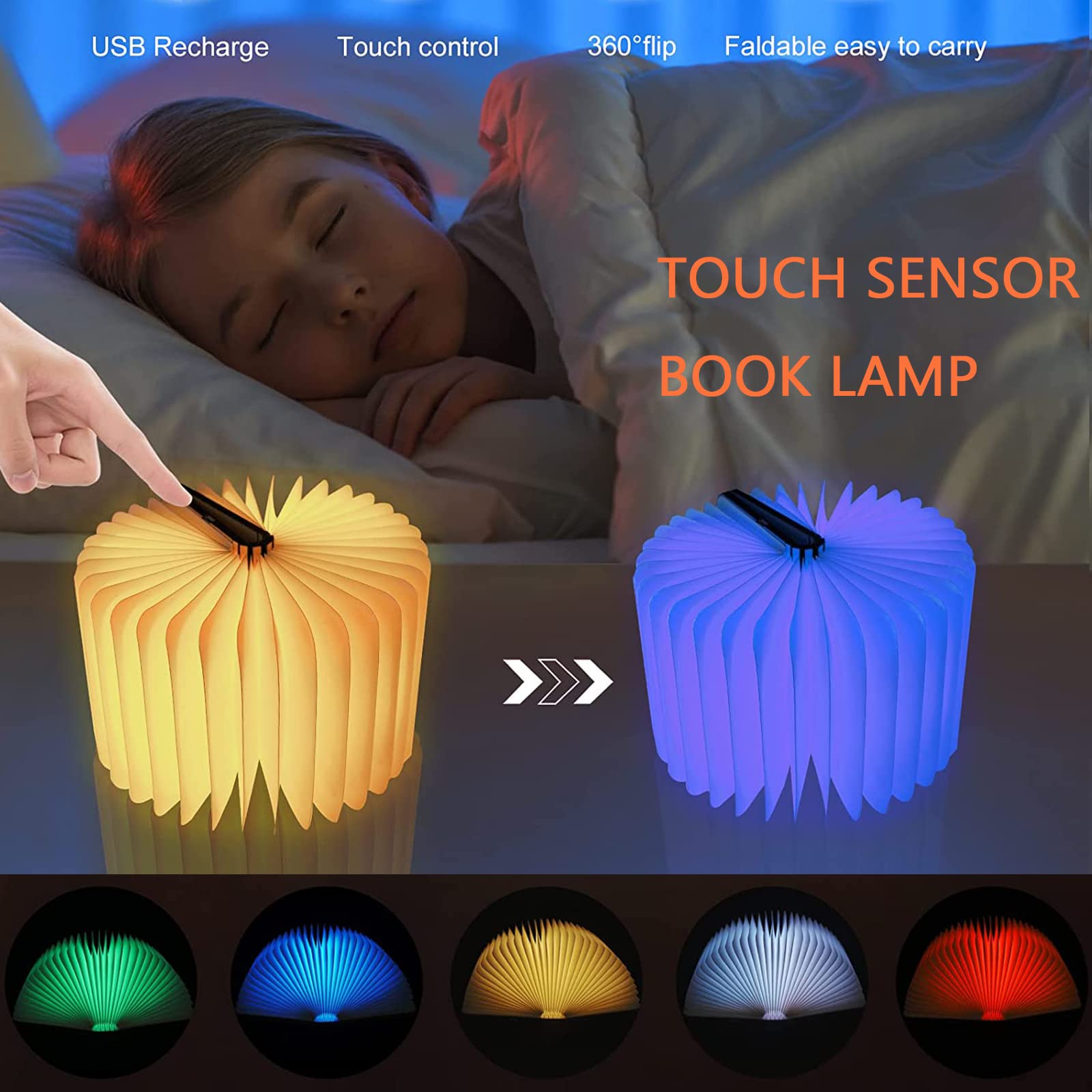 Tiuredx Wooden Book Light, LED Night Light, USB Rechargeable, Magnetic Folding, 5 Colors, Model Ti-T03, White Maple