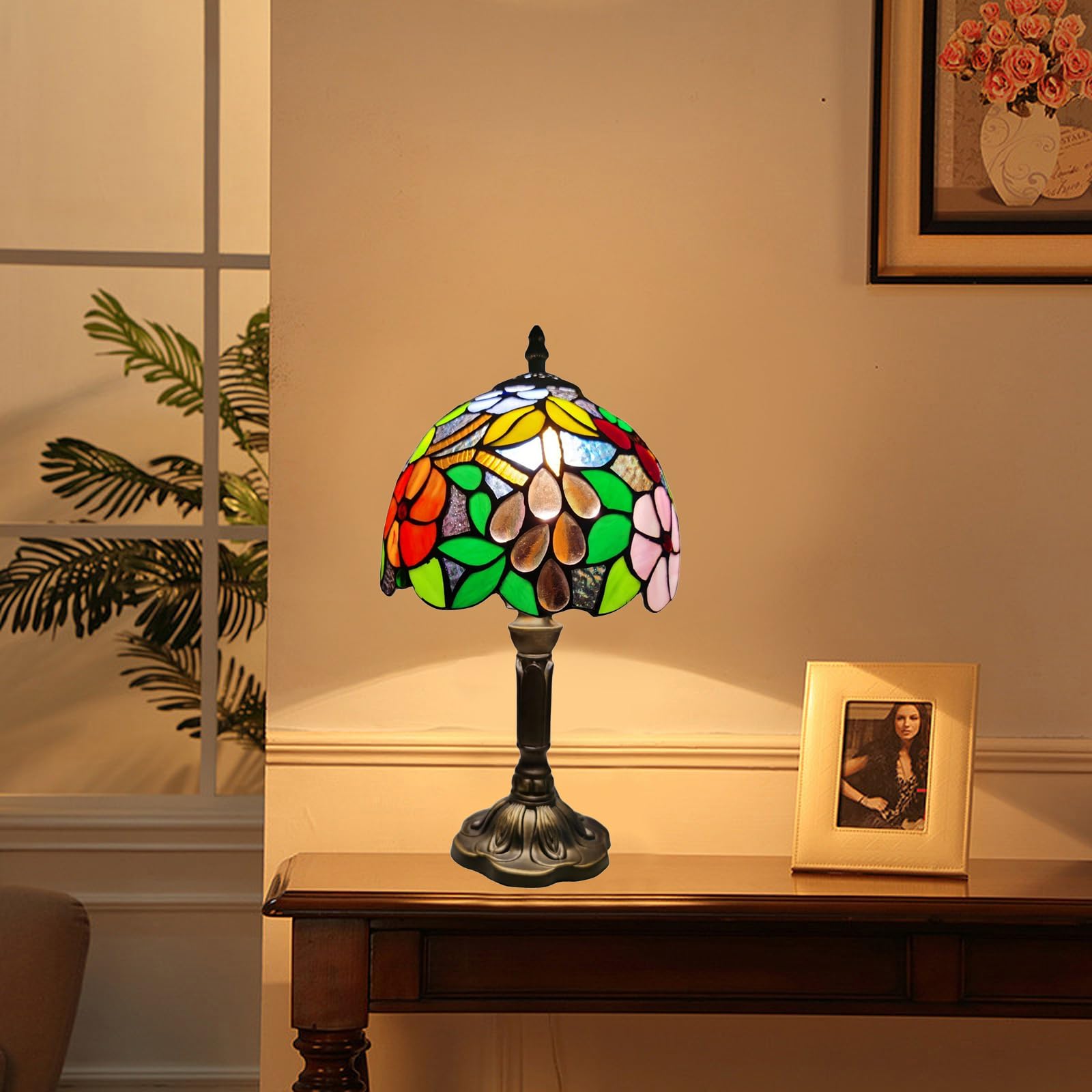 Tuomoxte Tiffany Style Table Lamp, 8 Inch Small Antique Lamp, Stained Glass Lamp, Flower And Grape Pattern, For Bedside Nightstand Bedroom Living Room Home Office, Include Led Bulb