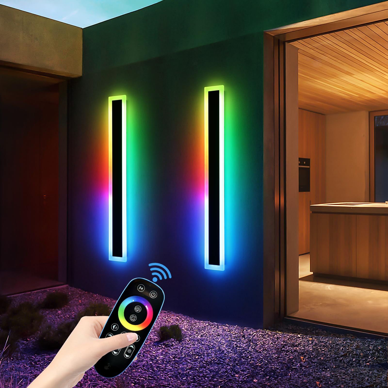 Mikeru RGB LED Wall Lights, 2 Pack, Dimmable Outdoor Sconces, 57 Inch, Aluminum, IP65 Waterproof, Model FTBD-2