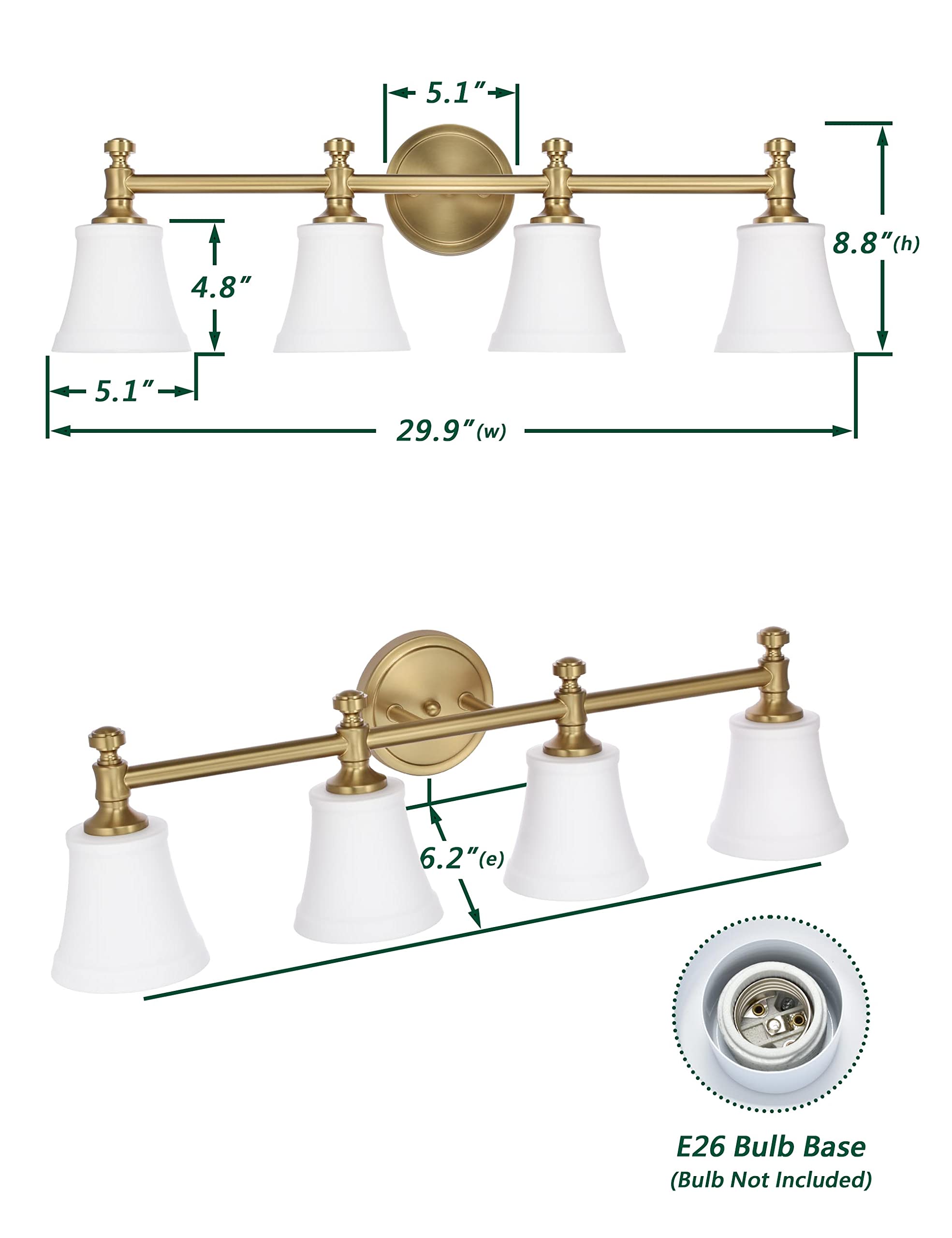 Hanaloa 4-Light Bathroom Vanity Light, Aged Brass Wall Sconce with Opal Glass Shade, Model VA0045-4-AGB