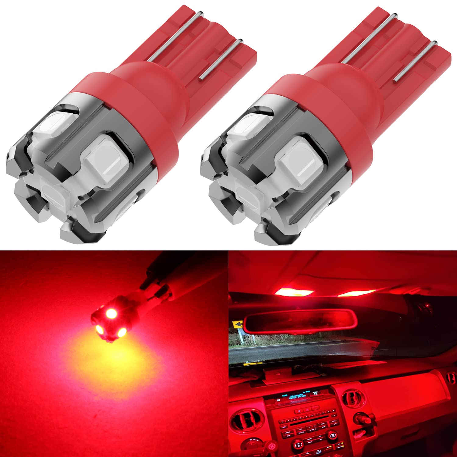 PHINLION LED Light Bulb 194 T10 Wedge 6-SMD 3030 Red Replacement for Car Dome, Map, Parking, License Plate Lights