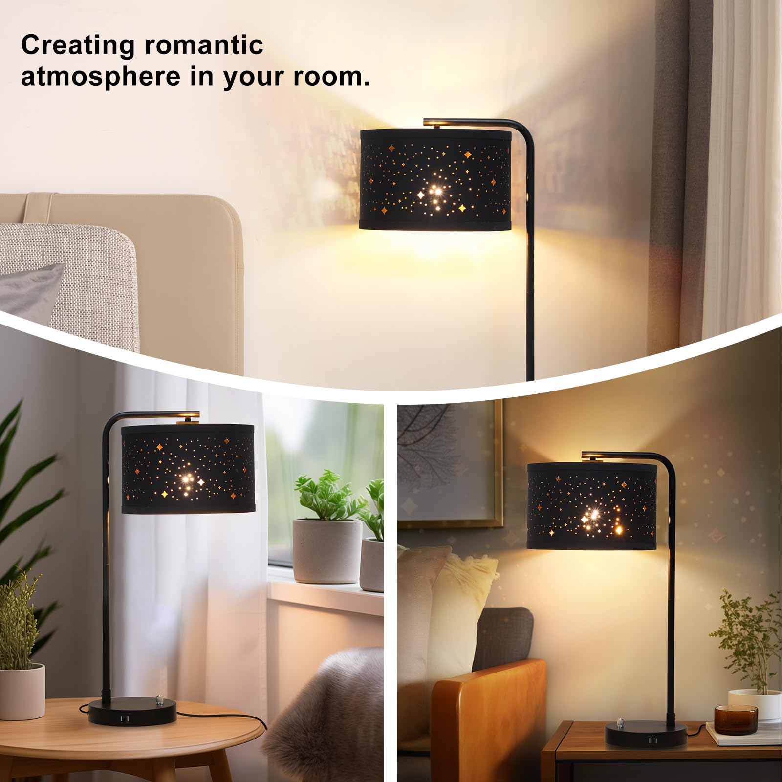 Bedside Table Lamp, Fully Dimmable Table Lamp With 2 Usb Ports, Modern Nightstand Lamps With Stars Shade, Usb Side Table Lamp, T
