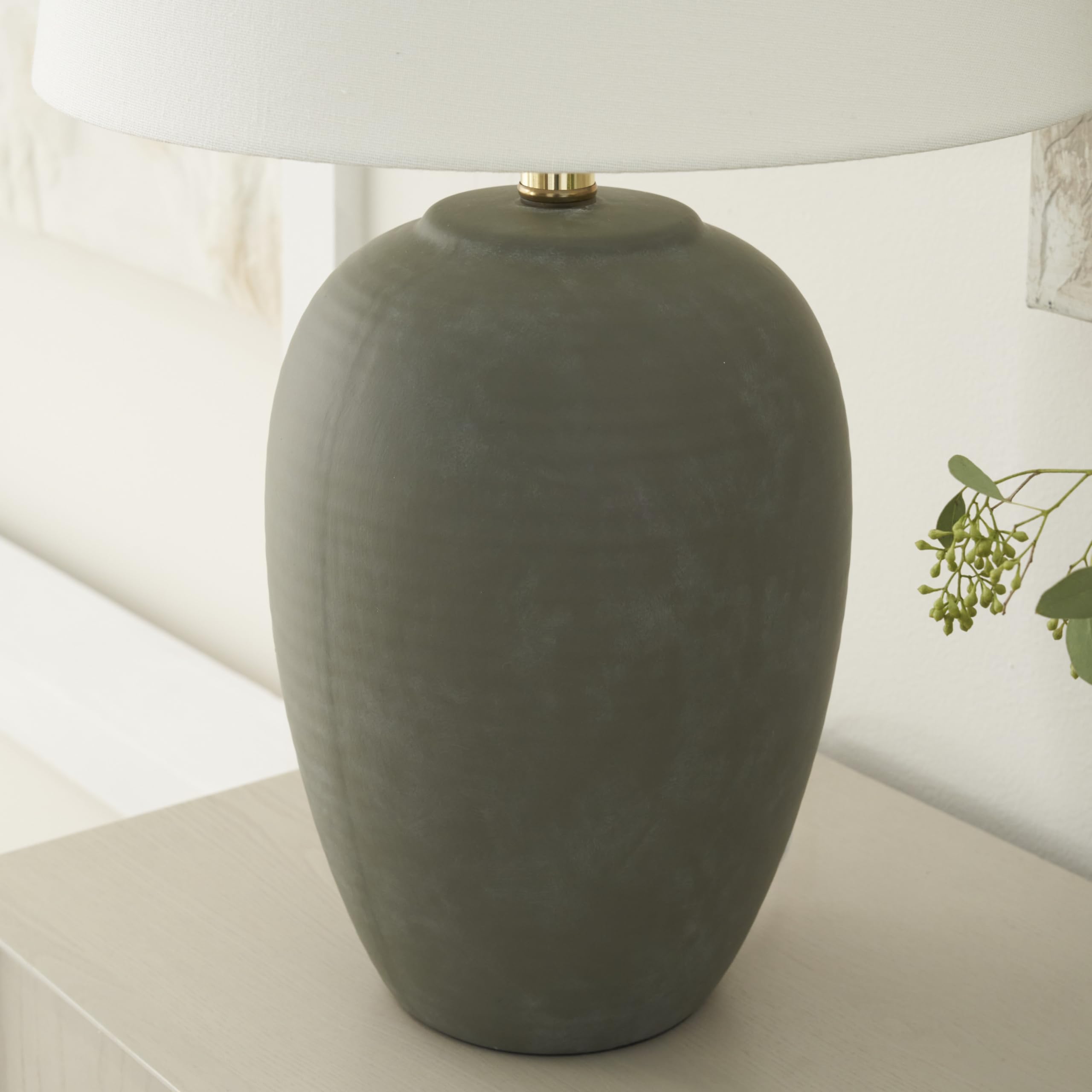 Nourison 23" Olive Green Ceramic Pot Table Lamp with White Shade - Vintage Green, Model BIT05 for Bedroom, Living Room, Office