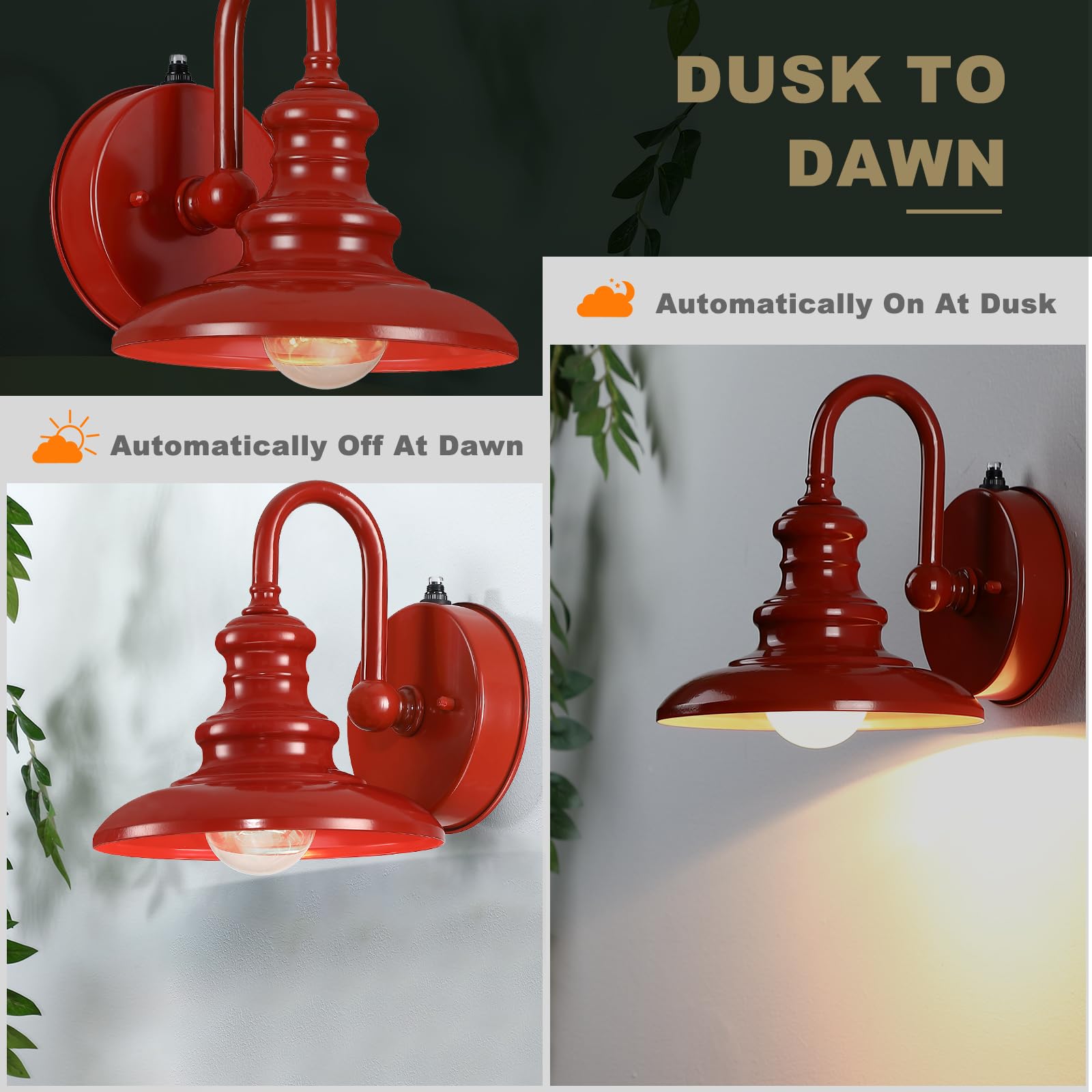 LONEDRUID Gooseneck Barn Light Fixture - Rustic Red Metal Outdoor Wall Sconce for Porch, Garage, and Patio