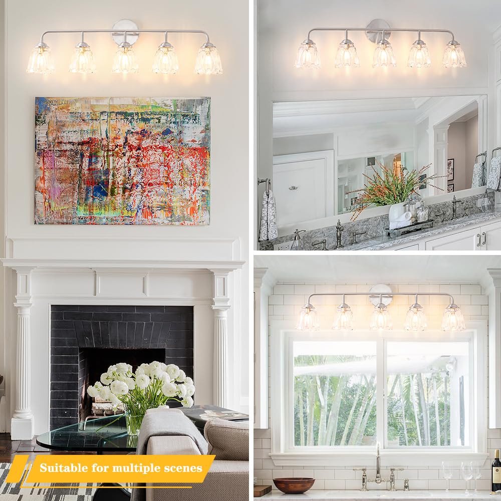 Vintage Vanity Light For Bathroom, Elegant Bathroom Vanity Light With Flower Glass Shade, Brushed Nickel 5-Light Bathroom Lighti