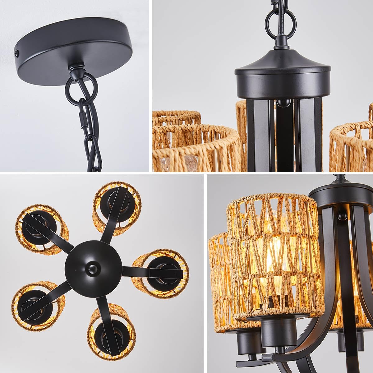 TELAFLY 5-Light Rattan Chandelier, Modern Rustic Metal Pendant Light for Dining Room, Kitchen, Foyer, Bedroom
