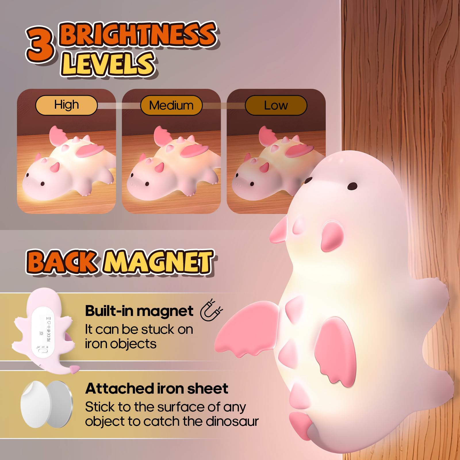 Gusweet Cute Dragon Night Light, Dimmable Silicone Lamp, 7 Colors, Rechargeable, Pink, Model: Axolotl