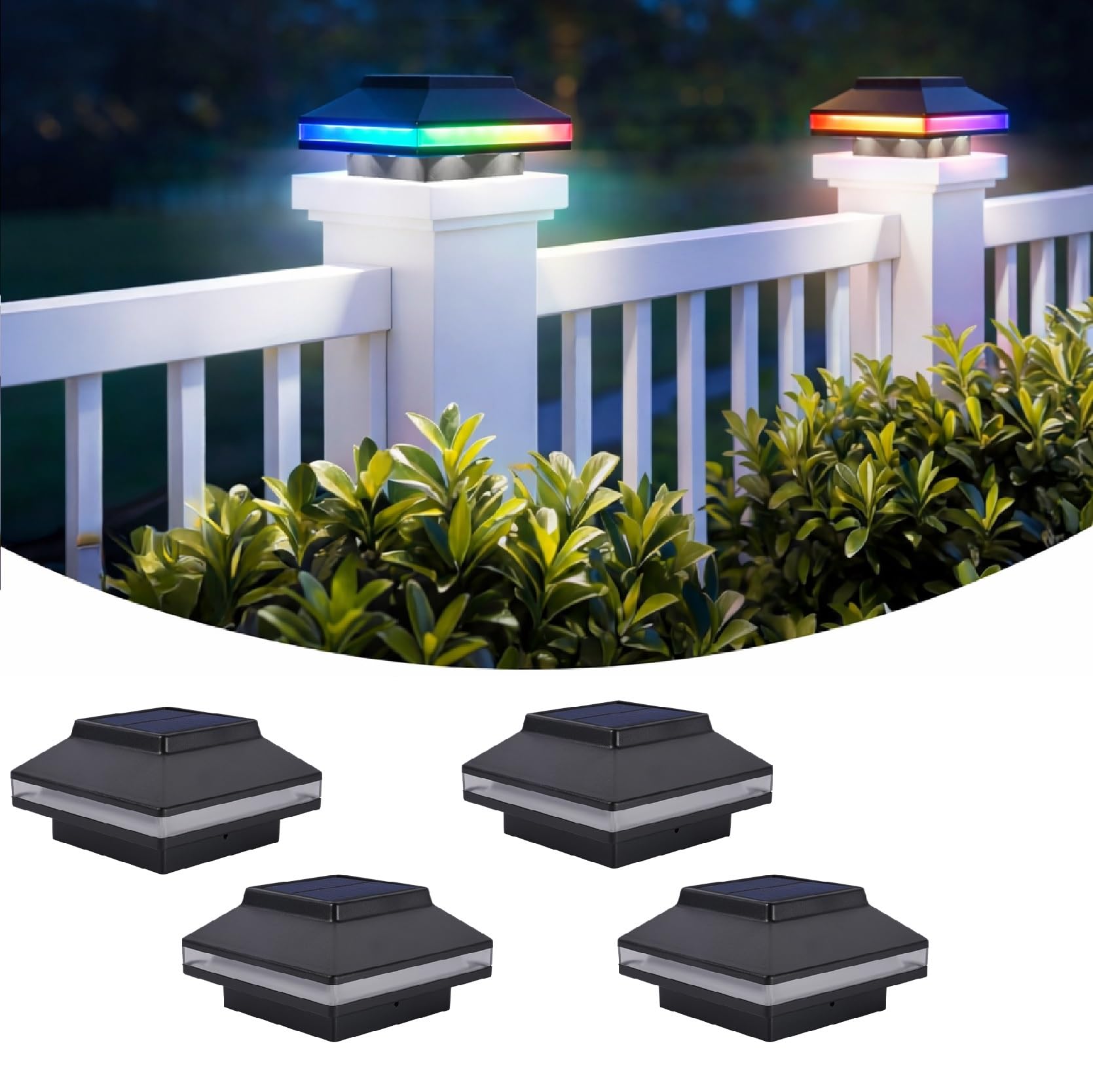 MOON-DE-AGE Deck Lights Solar Powered, RGB Color Changing & Warm White Post Lights for 4x4 Wood Fence Posts, IP65 Waterproof Out