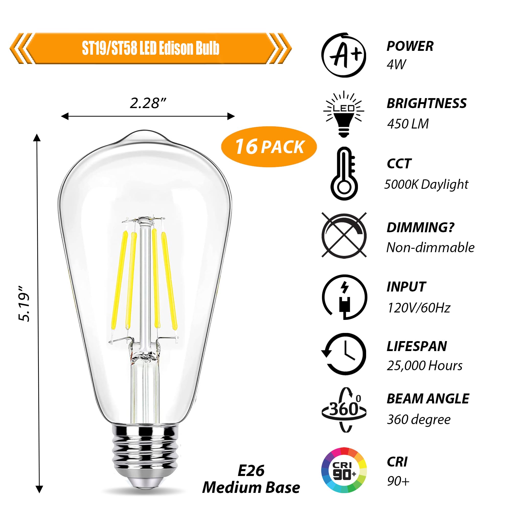 Winsaled 16 Pack Led Edison Bulbs 40W Equivalent, 4 Watt Led Filament Bulb, 5000K Daylight St19 Light Bulb, 450Lm E26 Vintage Bu