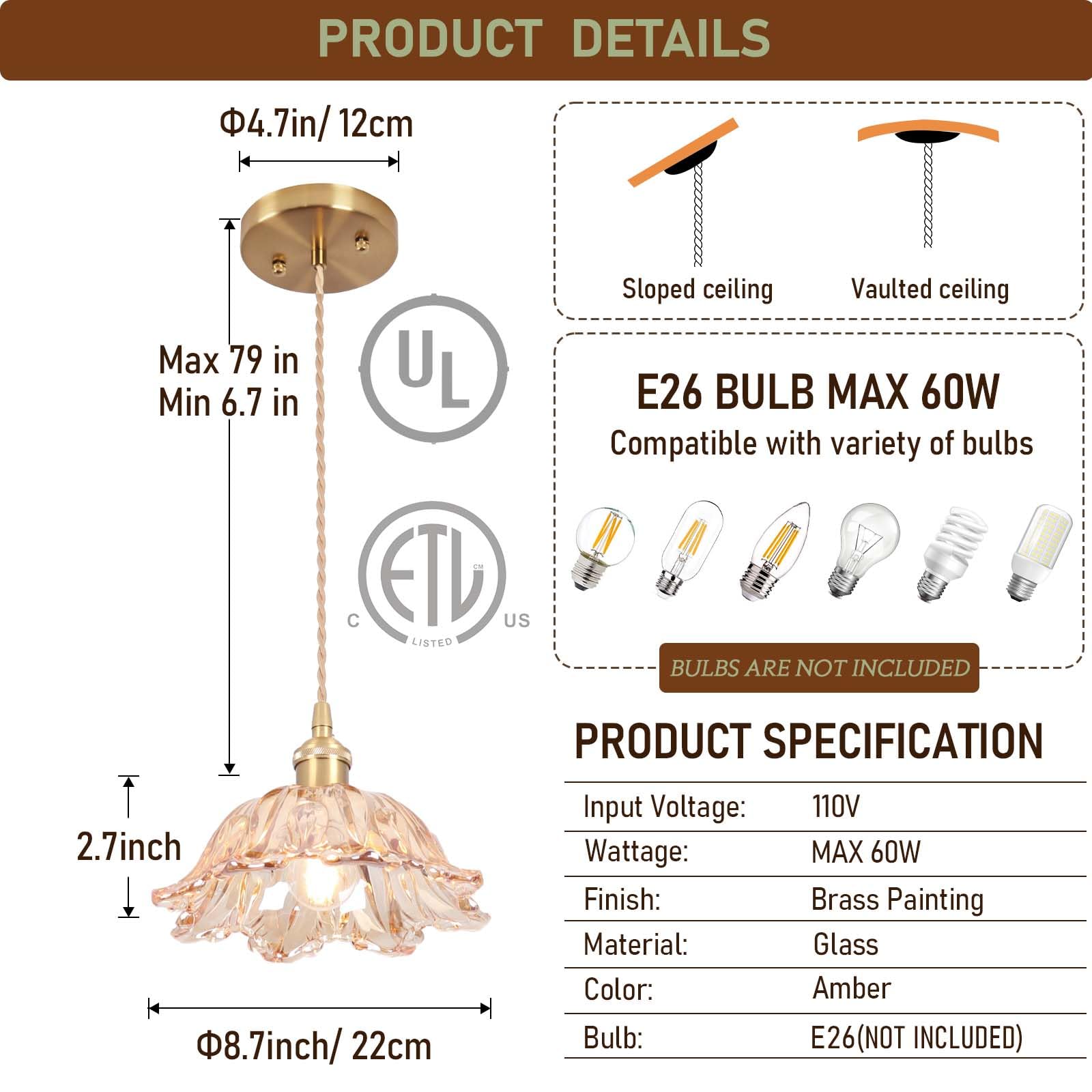 Loiogohot Glass Pendant Light Vintage Light Fixtures,Amber Pendant Lights Kitchen Island,8.7'' Glass Pendant Lights Kitchen Isla