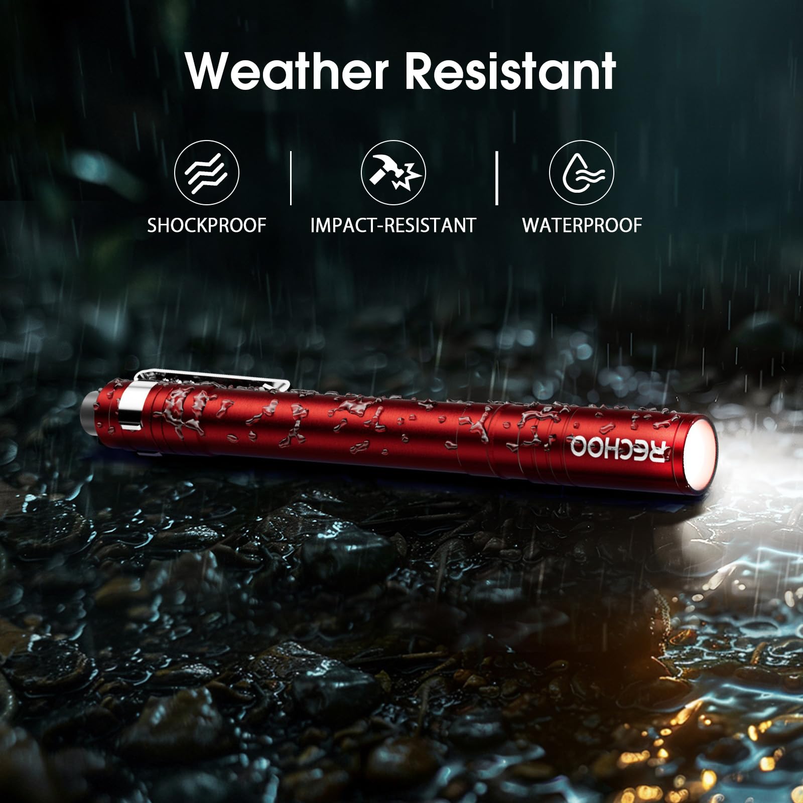 RECHOO LED Pen Light, Small Waterproof Flashlight, 4 Pack, Red, Aluminum, Model SFL005-Red