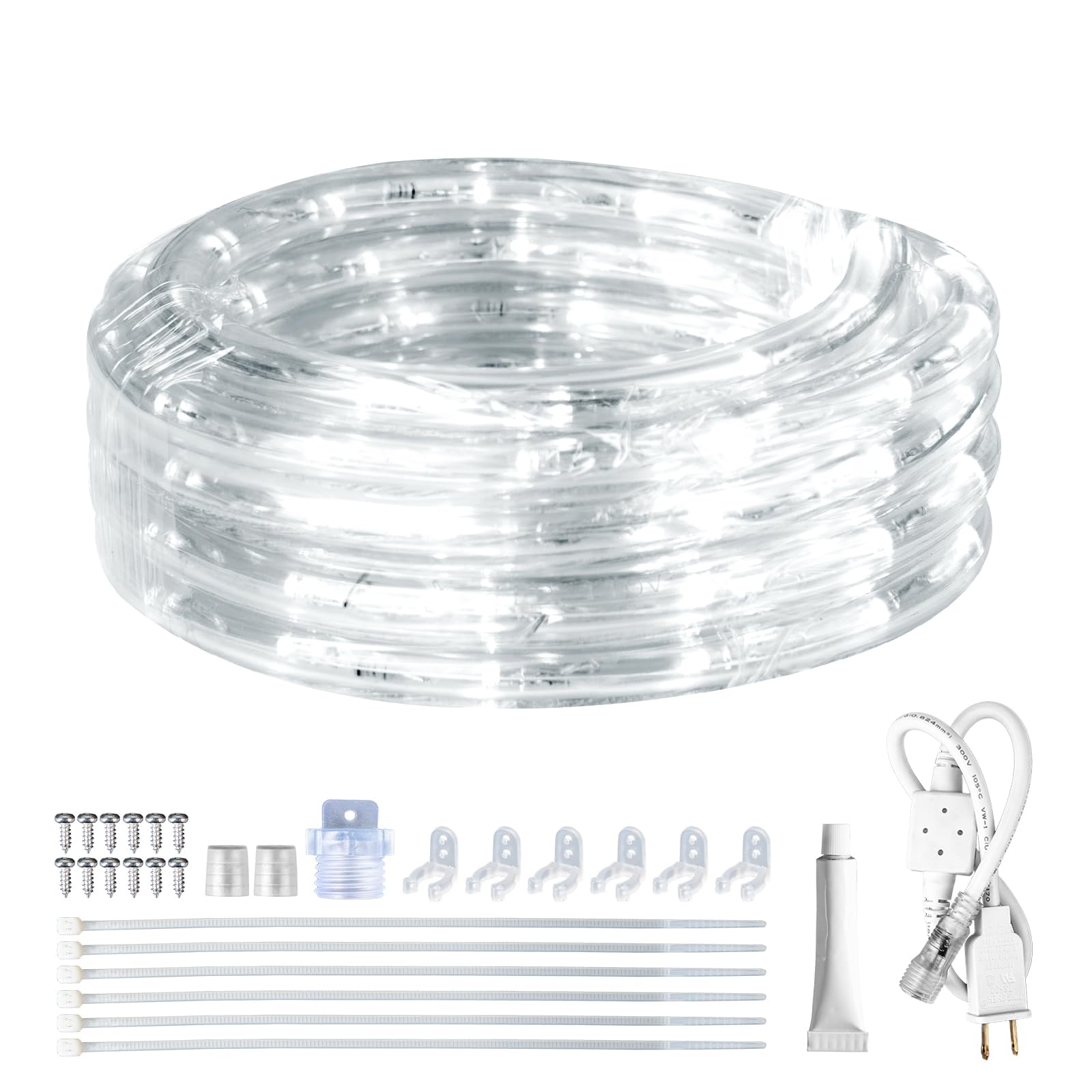 SURNIE Rope Lights Outdoor Waterproof Daylight White: LED 10FT Cuttable Outside Bright 110V Lighting 6000K Flexible Cool Clear Tube, Indoor Deck Patio Xmas Camping Decor, Not Flat Strip