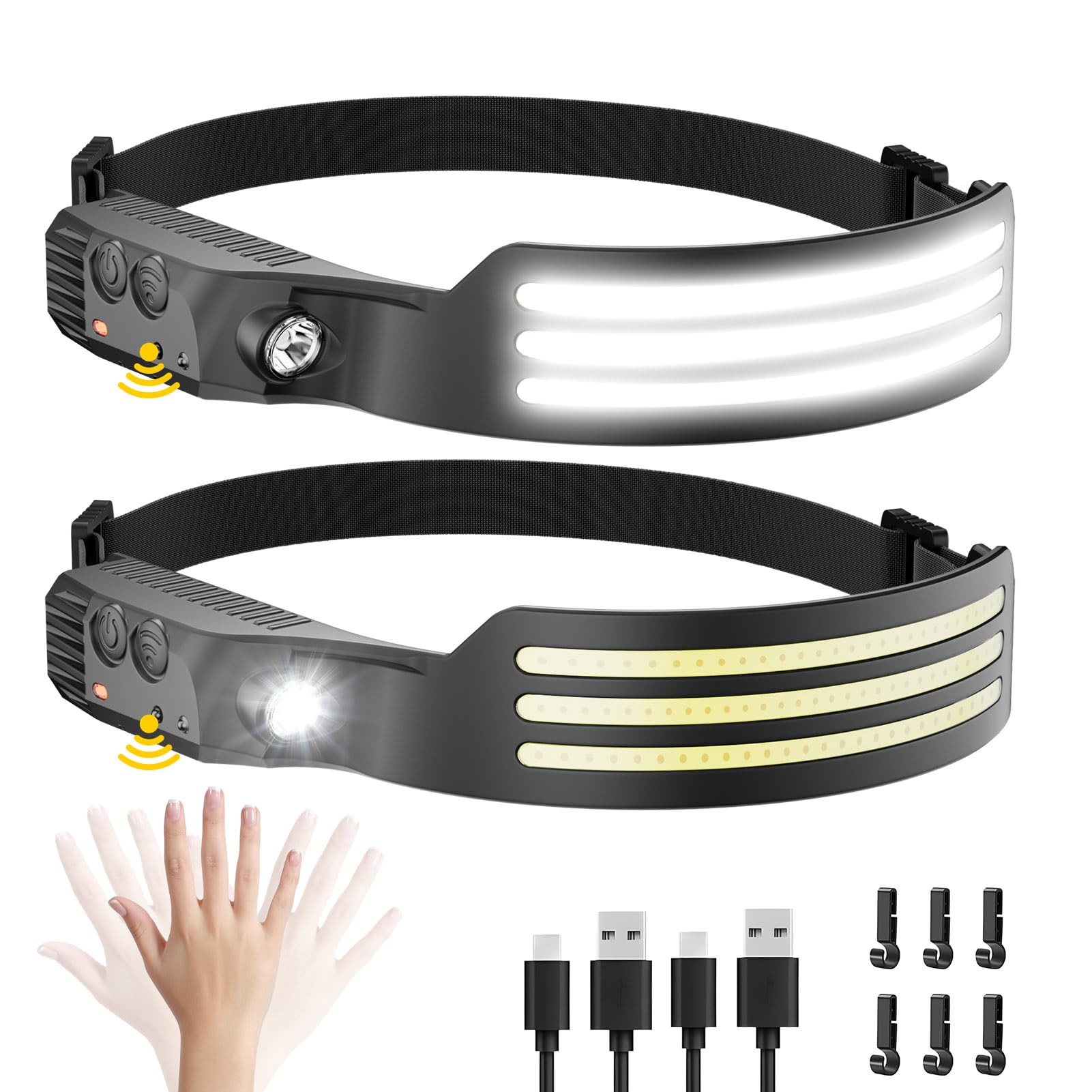 Eatelsin Headlamp Rechargeable 2Pcs, Motion Sensor 230 Cob Head Lamp, Headlights For Forehead, Hard Hat Light For Adults, Led He