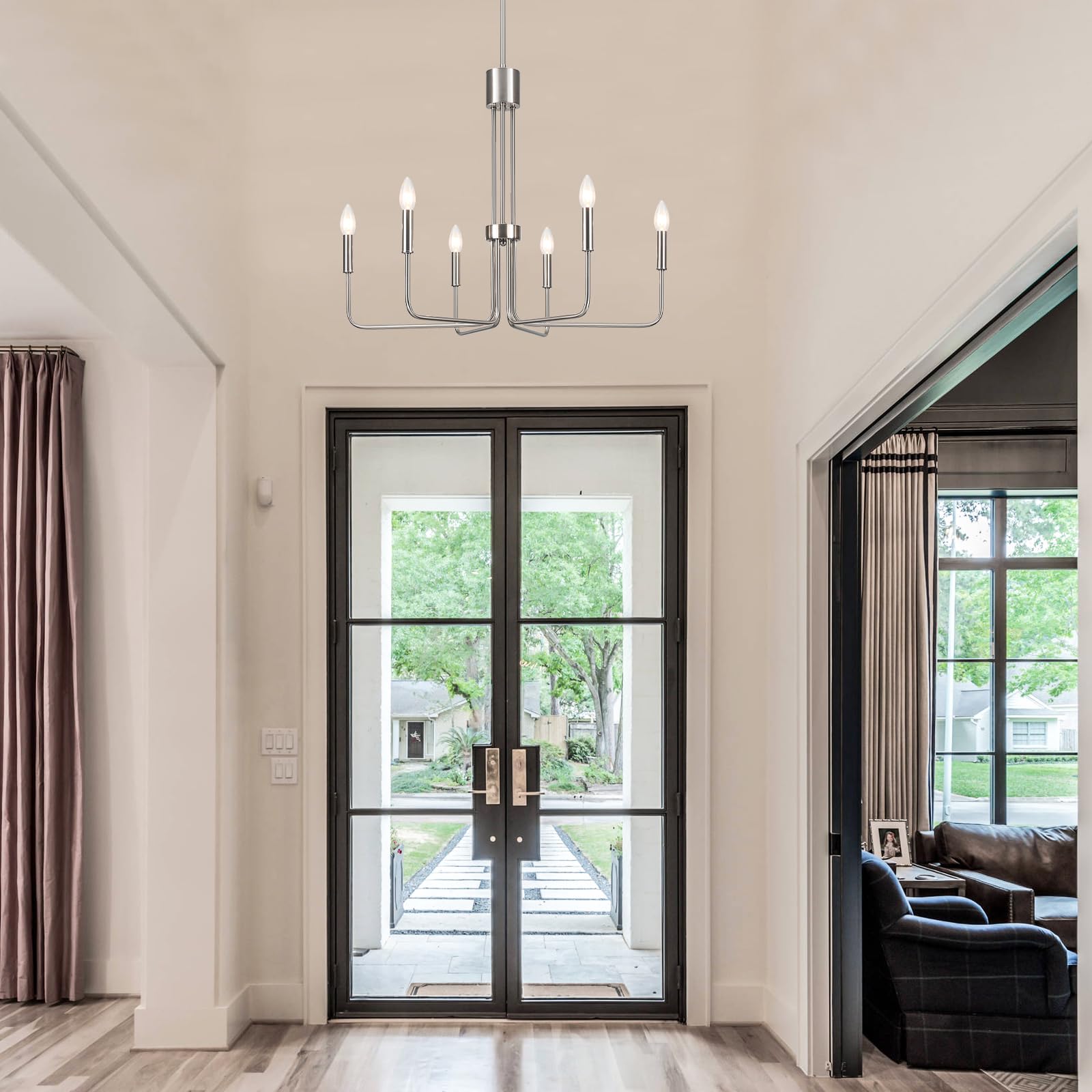 Zjvaive Dining Room Chandeliers 6-Light Brushed Nickel Chandeliers Modern Farmhouse Hang Light Fixture For Kitchen Living Room E