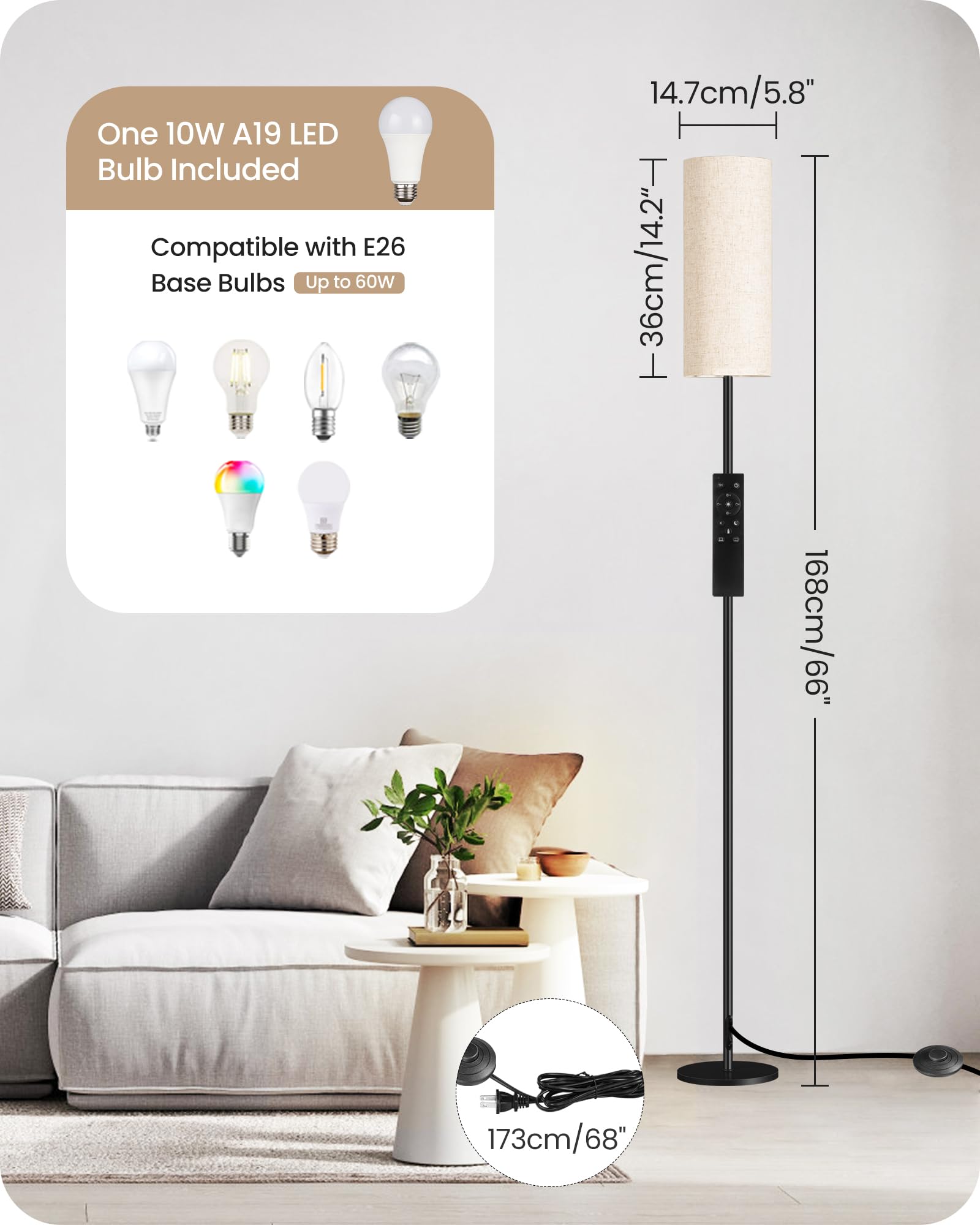 GOEBLESON 2 Pack Dimmable Floor Lamps with Remotes, 66'' Tall, 3000K-6500K, Beige, Model E06LDP205