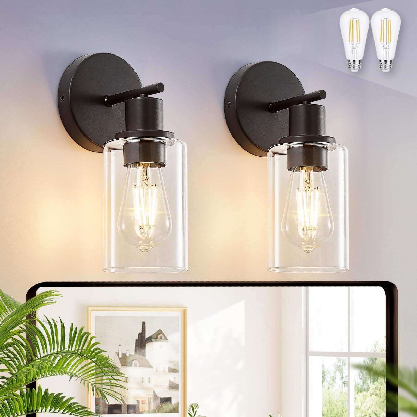 DINGLILIGHTING Wall Sconces - Modern Matte Black Bathroom Vanity Lights, Clear Glass Shade, 1-Light, 2 Packs