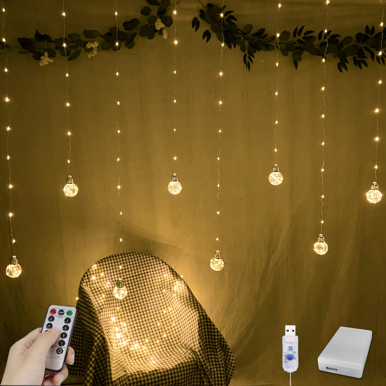 Yolight Wishing Ball Curtain Lights 200 Led Window Curtain String Lights With Remote, Usb Battery Powered Twinkle Globe Fairy Lights For Wedding Party Bedroom Christmas Decoration (Warm White)