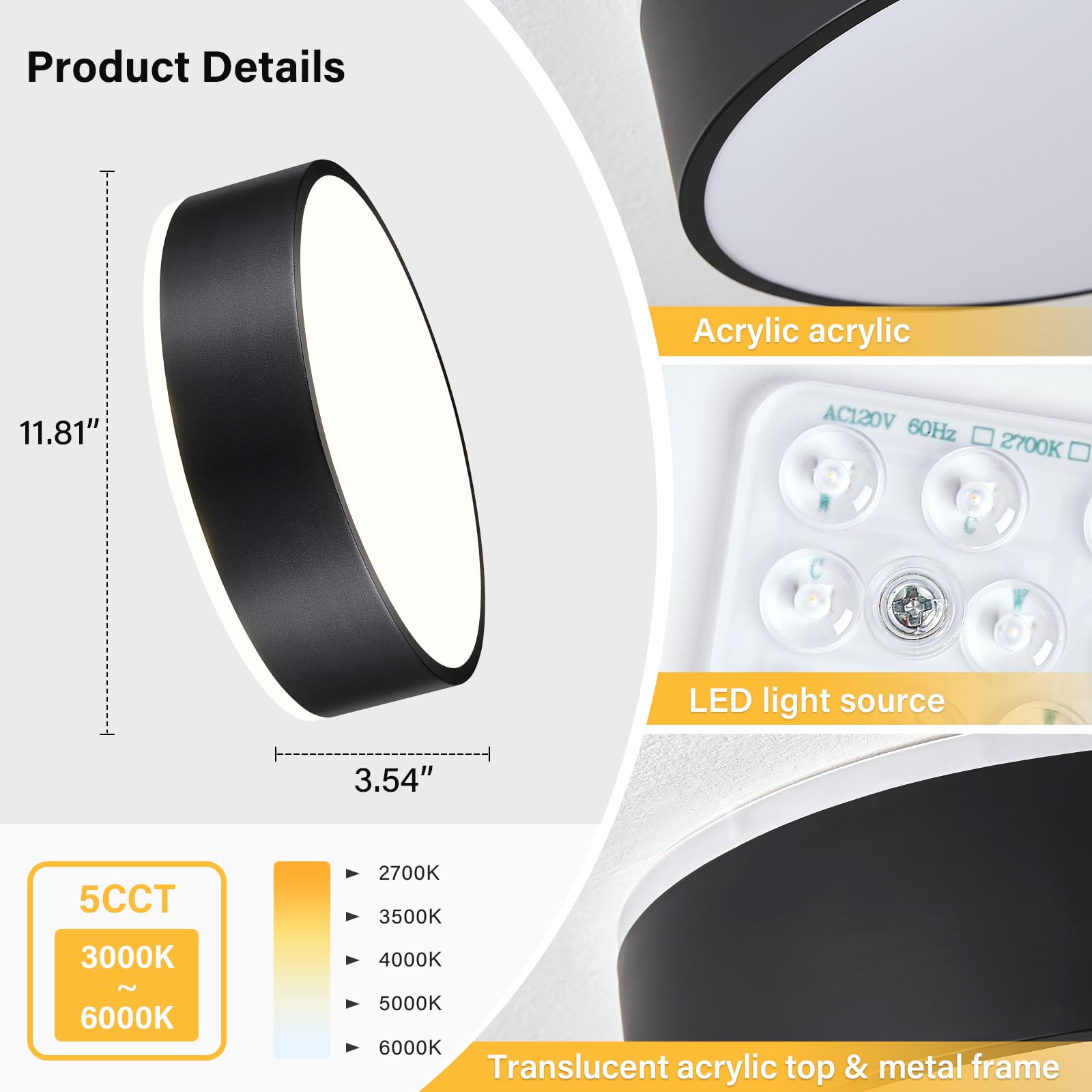 Peblto Dimmable Black Led Ceiling Light, 11.8In Modern Flush Mount For Bedroom & Kitchen