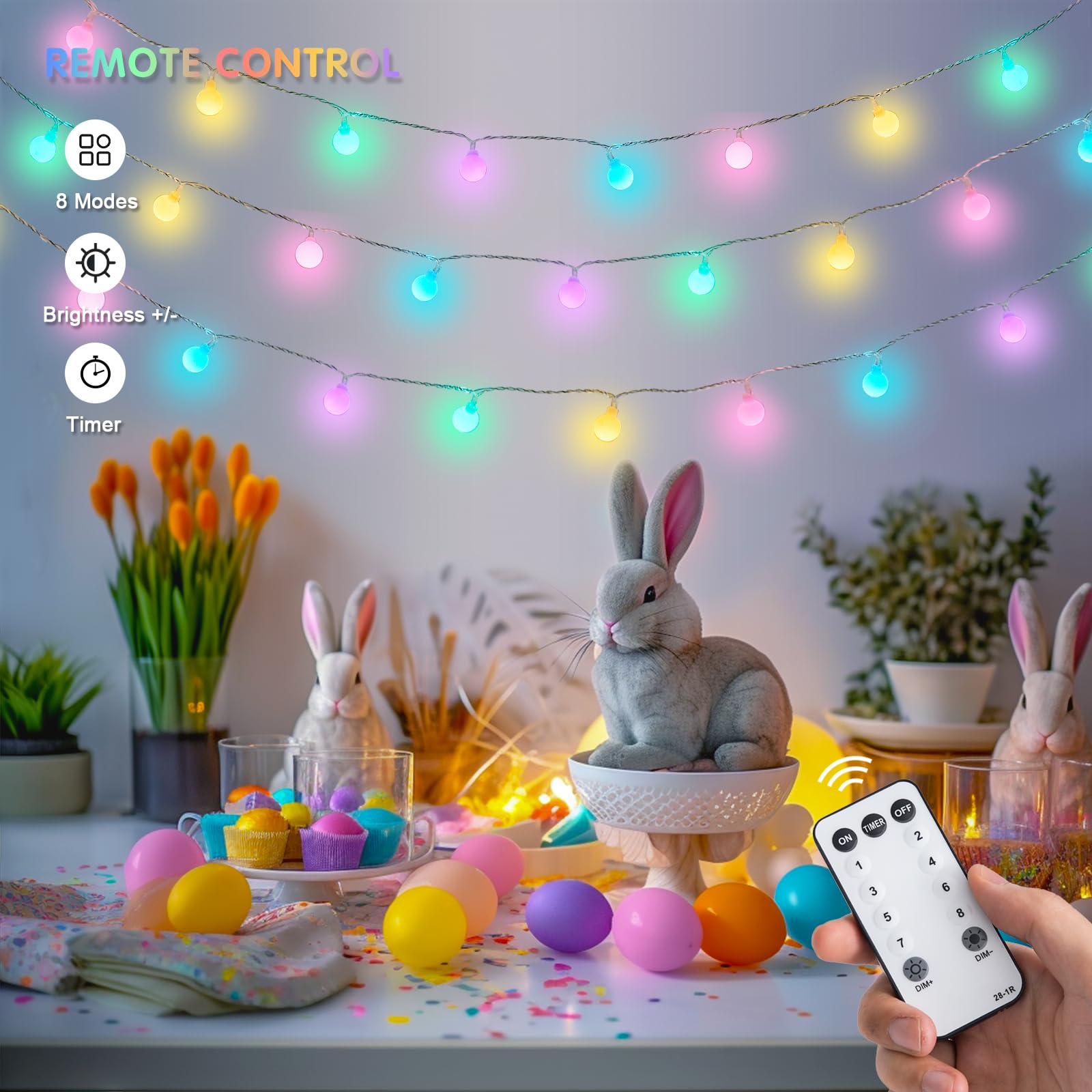 JMEXSUSS 100 LED Easter String Lights, 33ft Multicolor, Waterproof, Plug-in with Remote, Indoor/Outdoor, Model EXS-S-0100-R