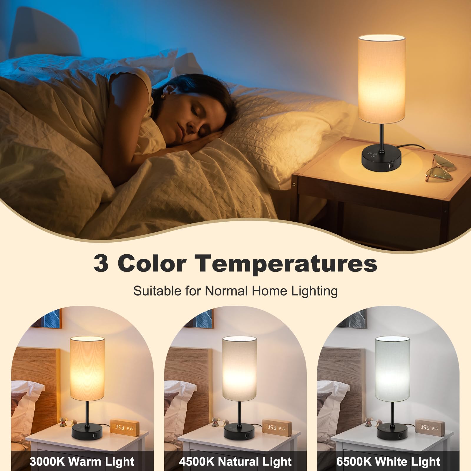 Unicozin Small Table Lamp - 3 CCT Color Changing, Stepless Dimmable, Touch Control, Cream Shade, Nightstand Light for Home Decor