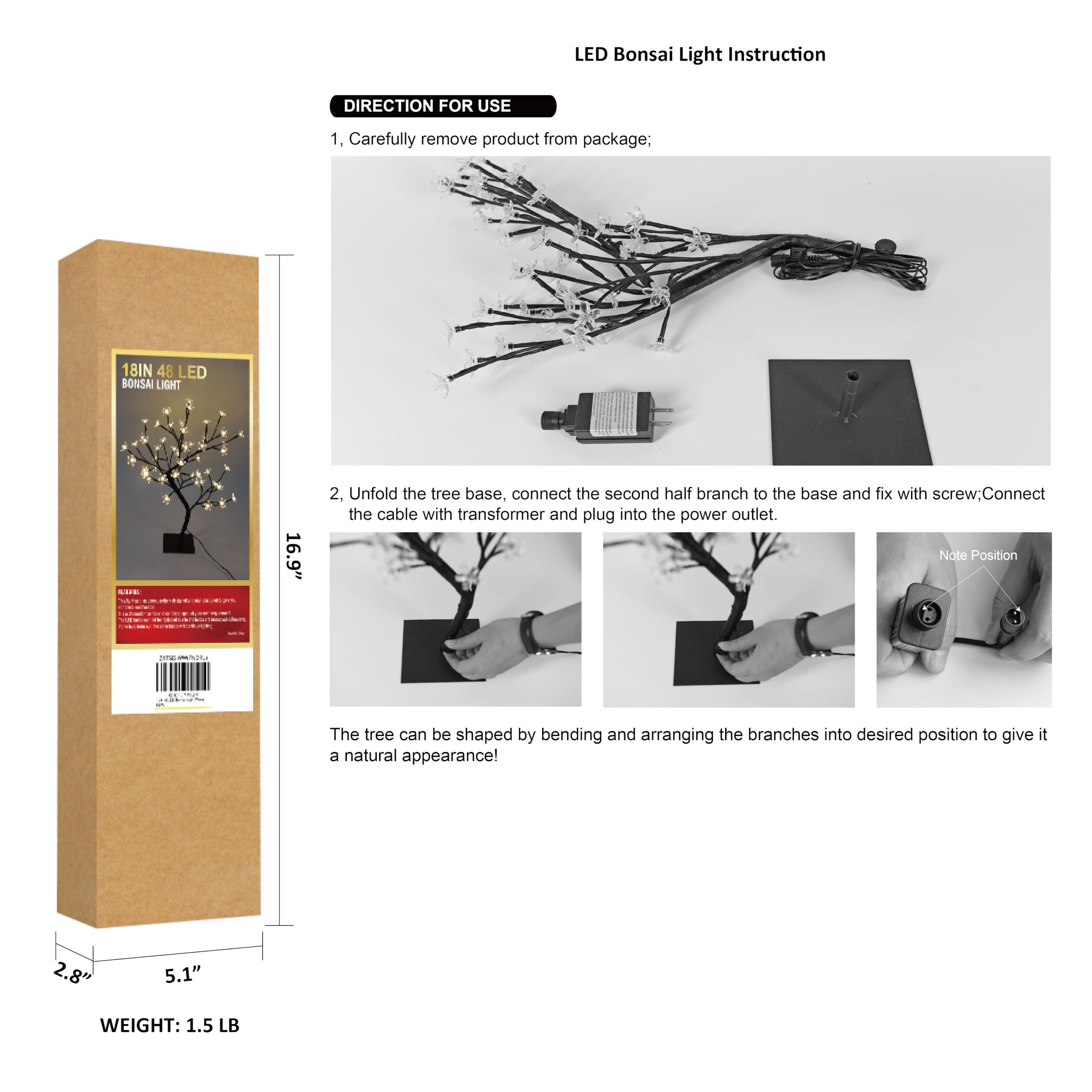 LIGHTSHARE 18" Cherry Blossom Bonsai Tree with 48 LED Warm White Lights, Metal Base, Model ZXTSD-WW, Ideal Night Light & Home Gift