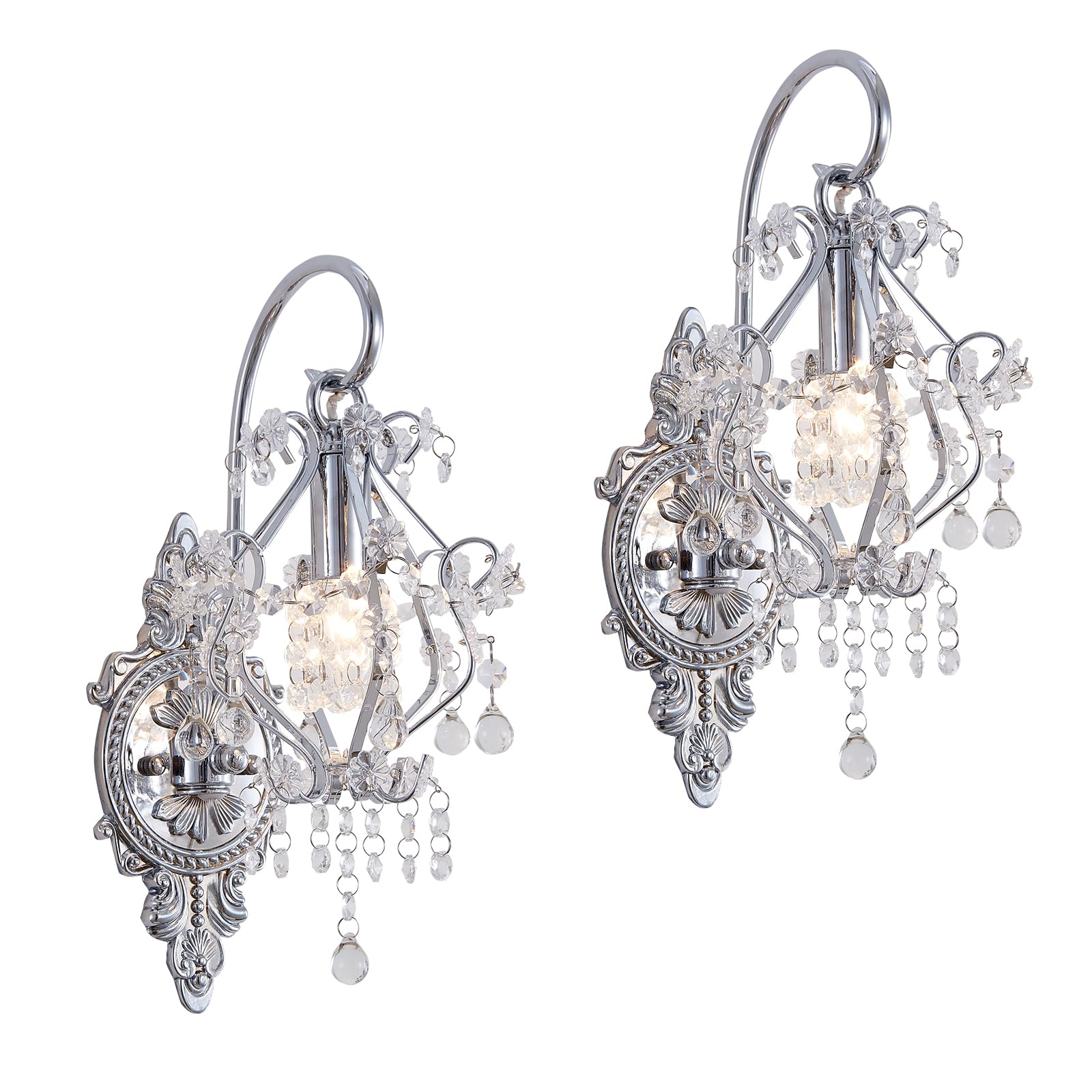 Fetason 2 Pack Hardwired Silver Wall Sconces Wall Lighting, Vintage Crystal Wall Light Fixture, Wall Mounted Lamp For Bedroom Living Room, Bathroom Vanity Light Fixture E12 Led Bulb