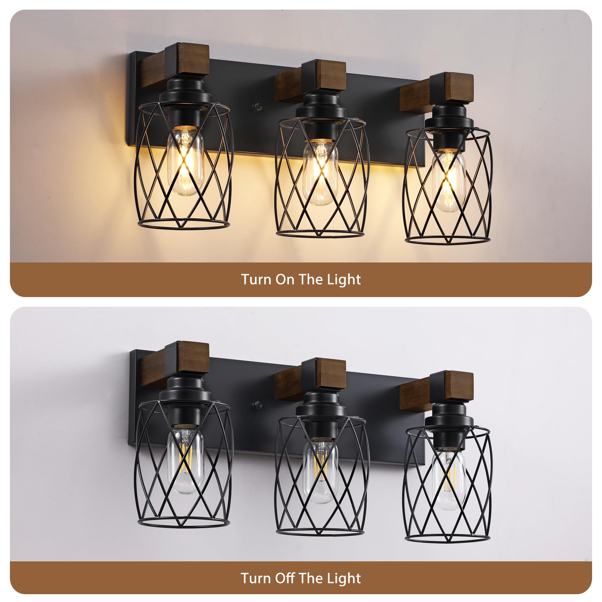 Xvmbvm Farmhouse Bathroom Vanity Light  3-Light Wood Bathroom Light Fixtures Over Mirror  Black Industrial Vanity Lights With Metal Shade  Rustic Bathrooms Lighting For Living Room  Bedroom  Hallway