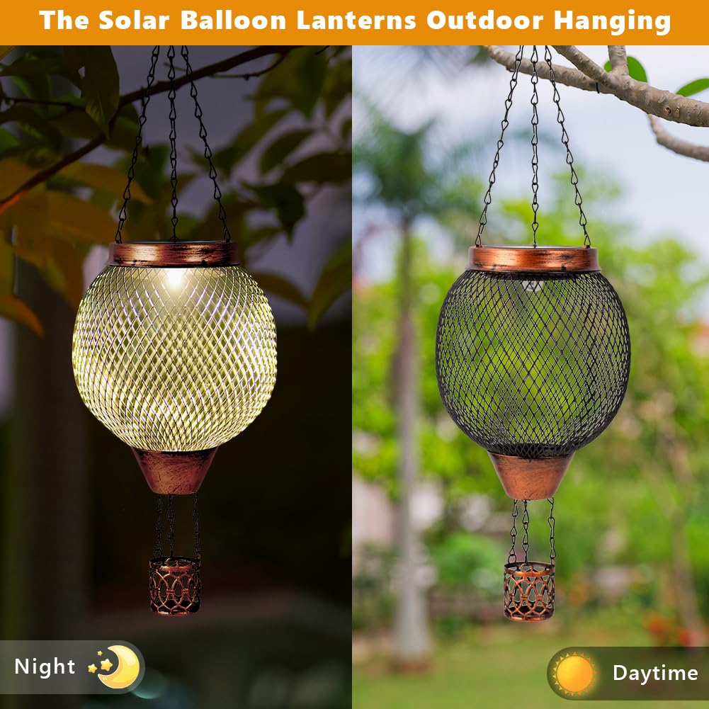 Starsoul 2 Pc Cage Hot Air Balloon Solar Lantern With Flame Glass Outdoor Hanging Hot Air Balloon Solar Light Lamp Waterproof Ga