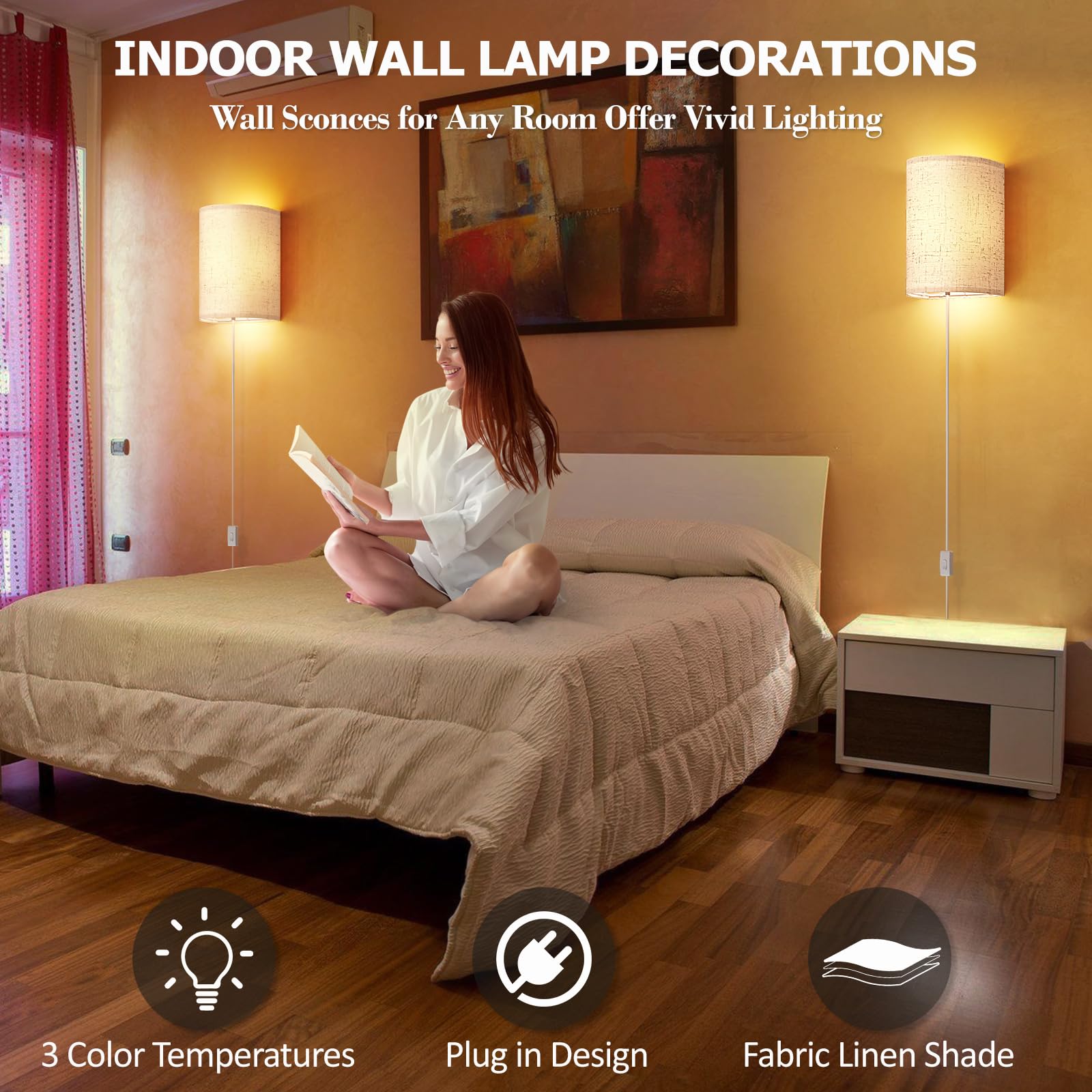 OCATO Wall Sconces Set of Two, Fabric Linen Shade, 3000K/4500K/6000K Selectable, Beige Plug-in, Model BYD-AC-001