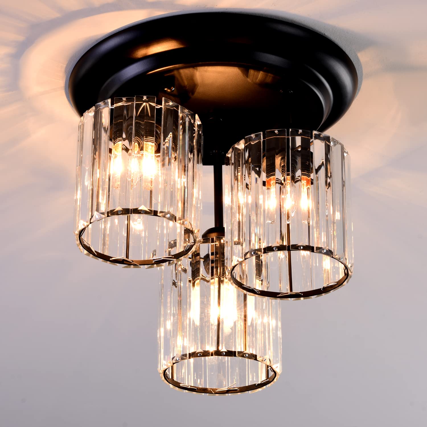 TISLYCO 3-Light Semi Flush Mount Ceiling Light 11.8in Black Crystal Chandelier for Living Room, Kitchen, Bedroom, Hallway