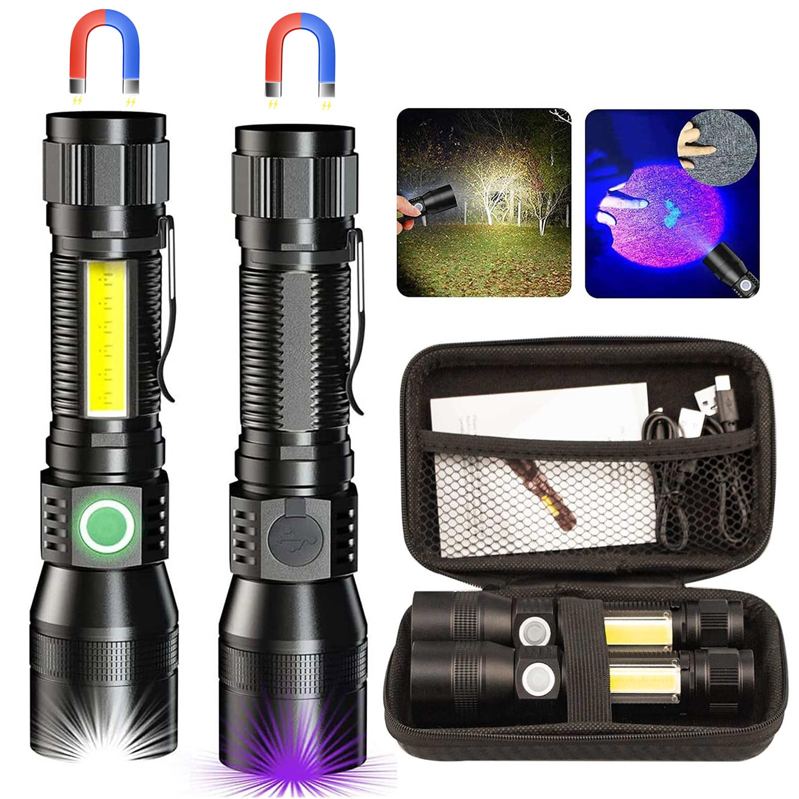 Black Light UV Flashlight, 3-in-1 Magnetic Rechargeable Flashlight, 1000 Lumens Zoomable Beam LED Flash Light, 7 Modes Waterproof Tactical Flashlight for Emergencies, Camping, Pet Urine Detection