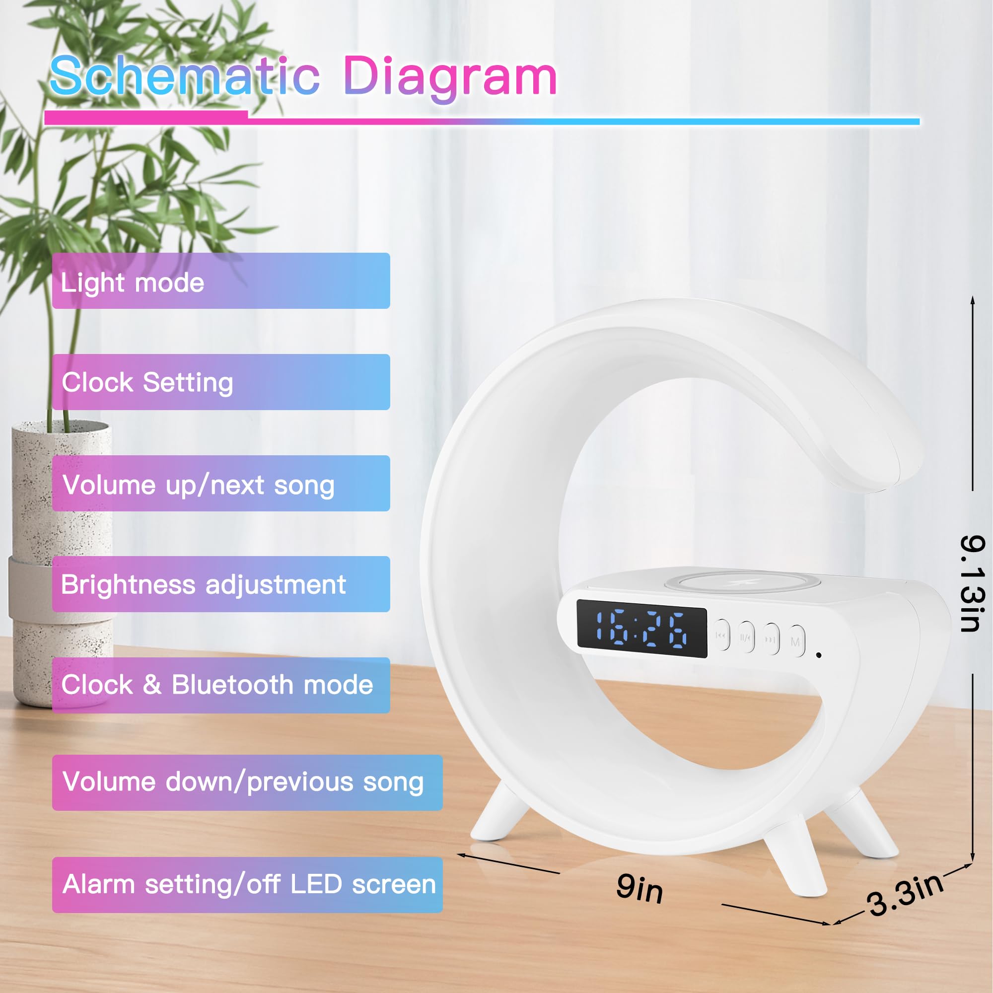 Leenabao Mini Wireless Speaker With Atmosphere Light, Wireless Charging, Alarm Clock And Bedside Lamp - Black