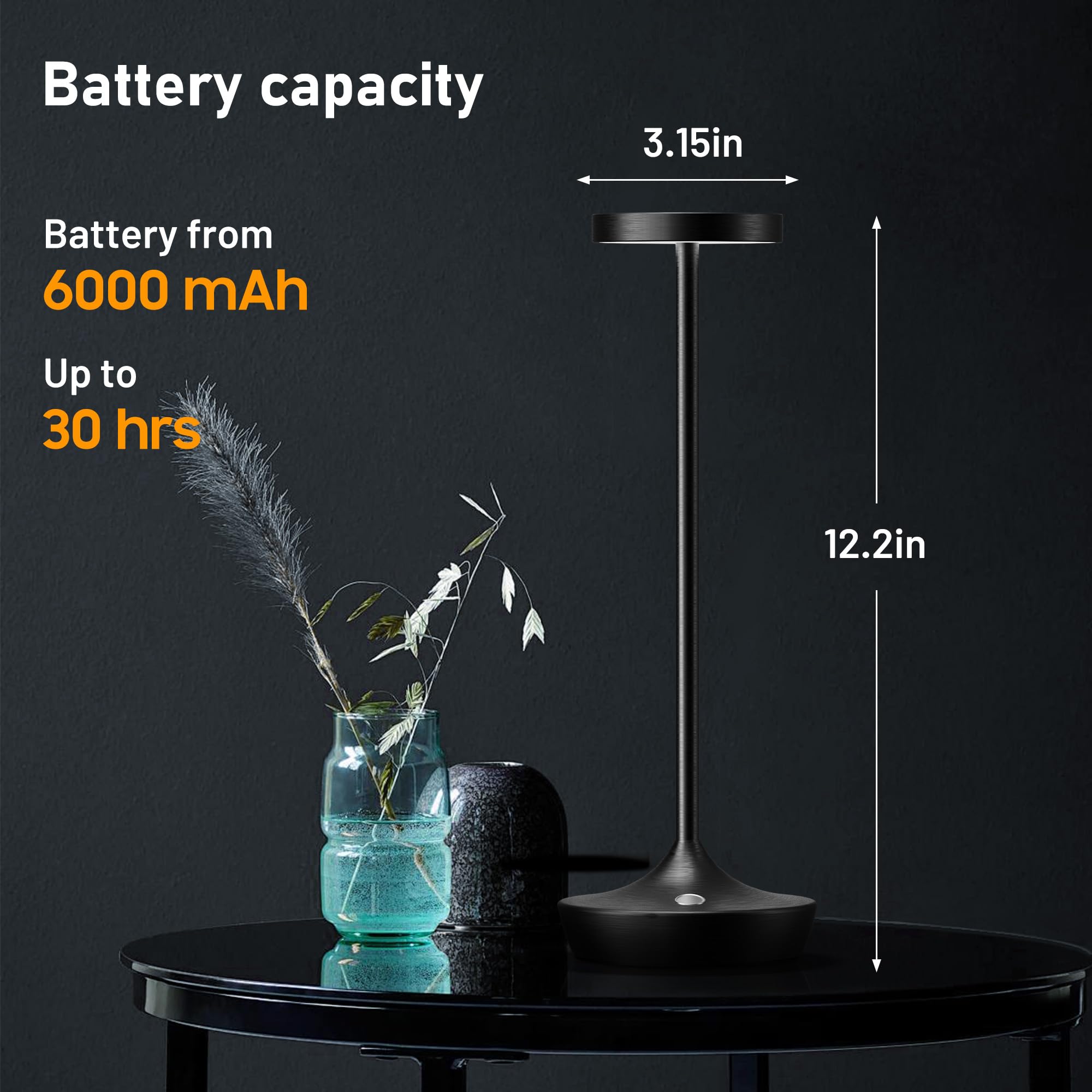 Willdoak Cordless Table Lamp - 6000Mah Rechargeable Led, Dimmable, Waterproof, 2 Black