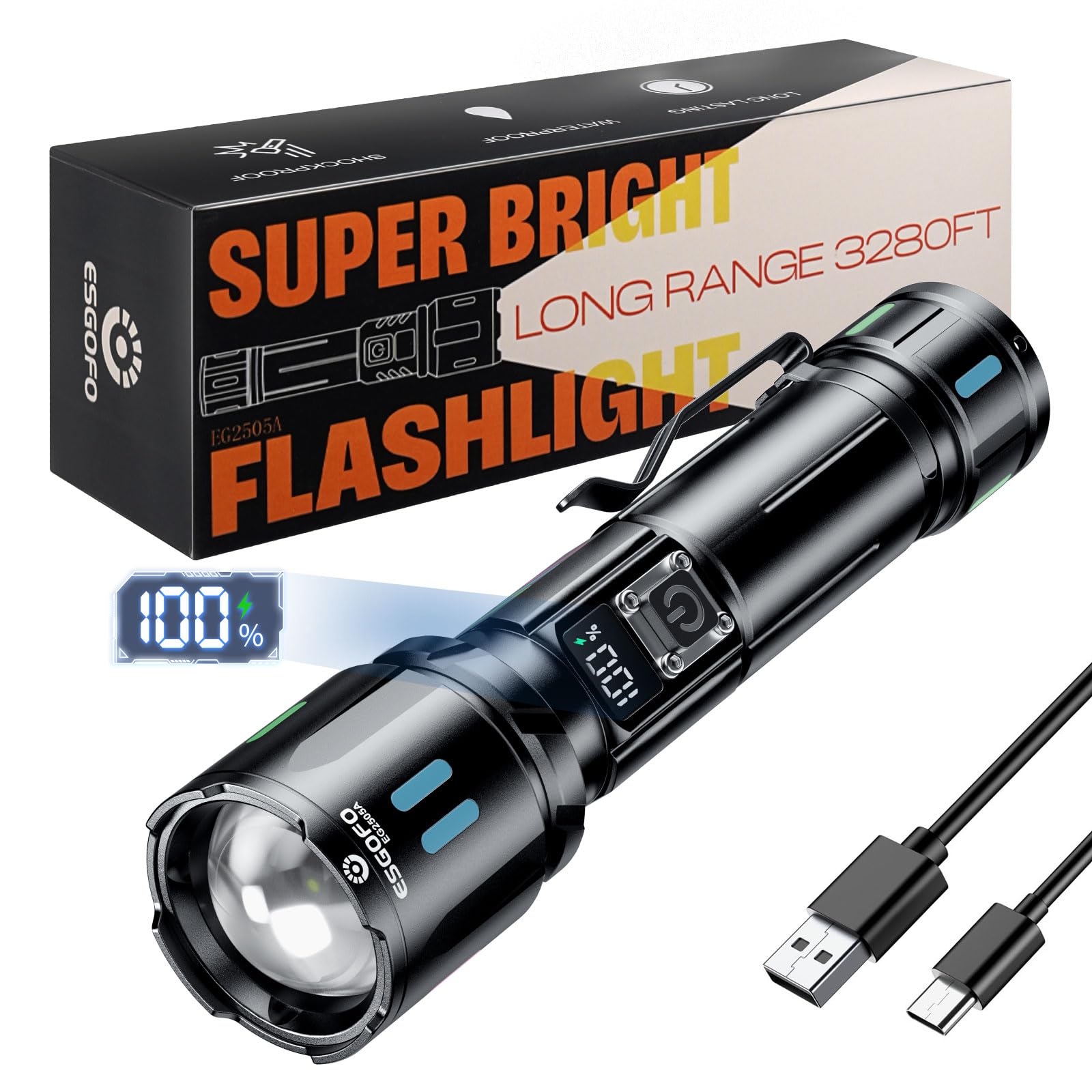 Esgofo Rechargeable Flashlights High Lumens 100000  Single Click Button Design  Super Bright 30W LED  Long Lasting 15H  USB C Input & Output  LCD Power Display  6.69  Length  for Camping Hiking Home