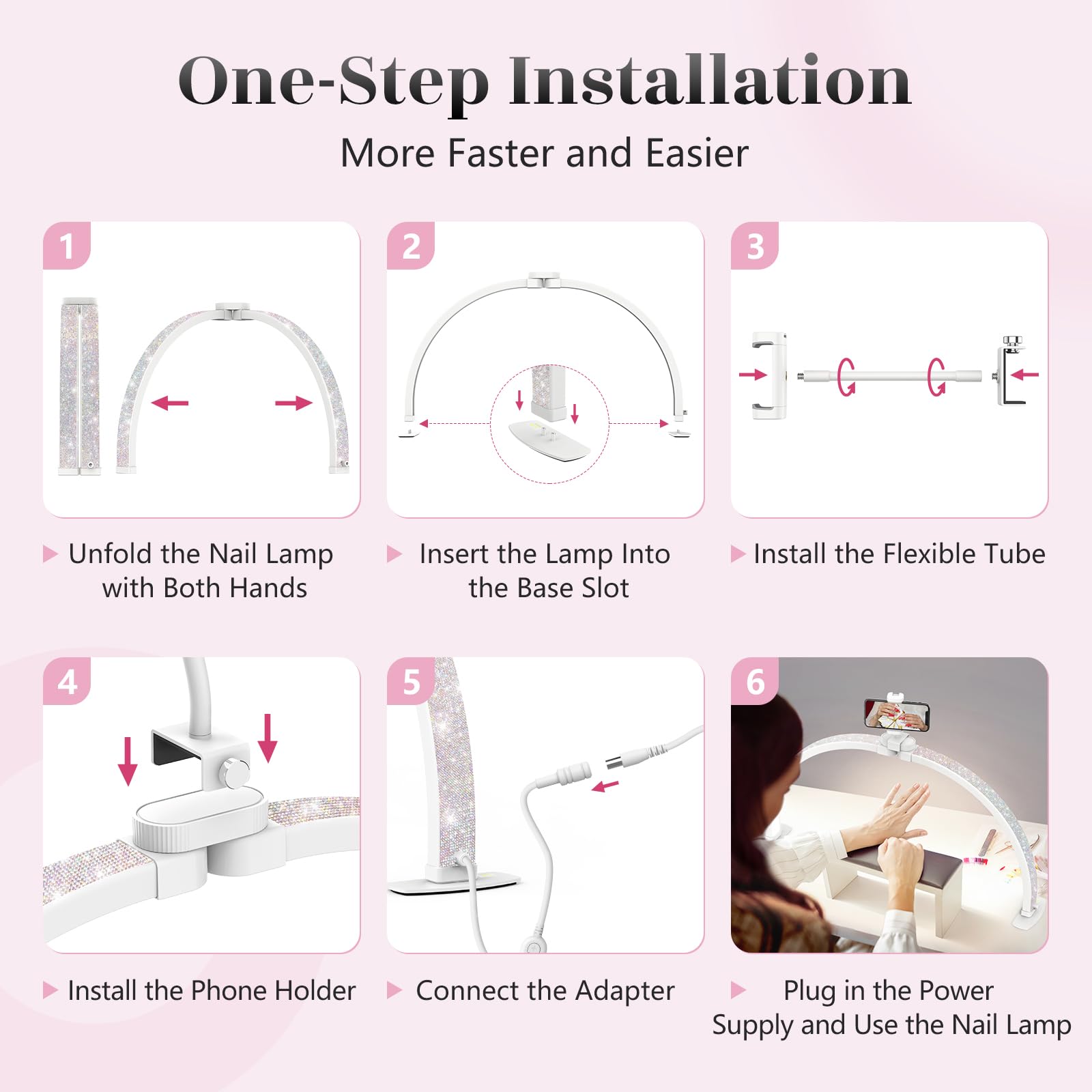 Yokilly Half Moon Nail Desk Lamp - 23" Foldable with Phone Holder, 3 Color Modes, 10 Brightness Levels, Crystal Diamond, Small