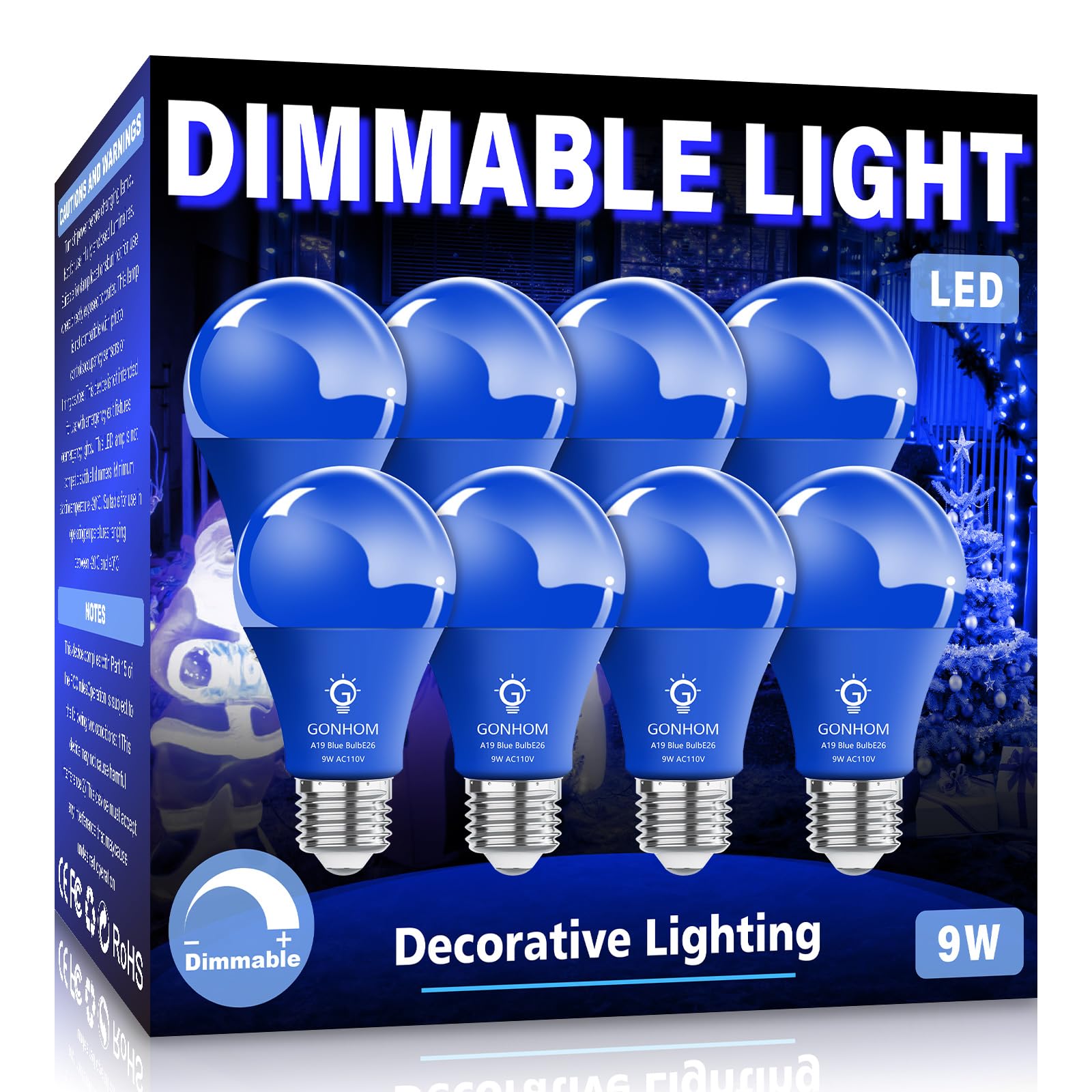 Gonhom A19 LED Blue Light Bulb 9W Equivalent 100W, 8 Pack, E26 Base, Plastic, Holiday Decorative Lighting