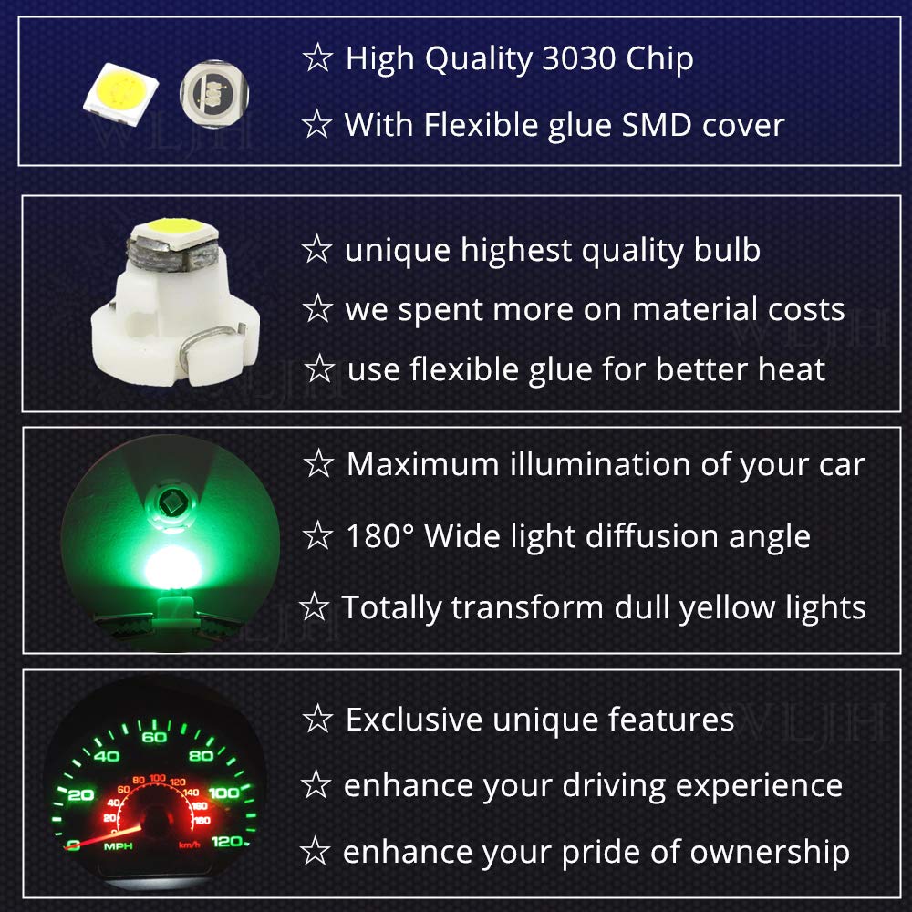 Wljh 10X Green T3 Neo Wedge Led 3030 Smd Chip 8Mm Base Car Instrument Cluster Light Dashboard Gauge Hvac Ac Heater Climate Control Lamps Switch Indication Interior Bulb Replacement