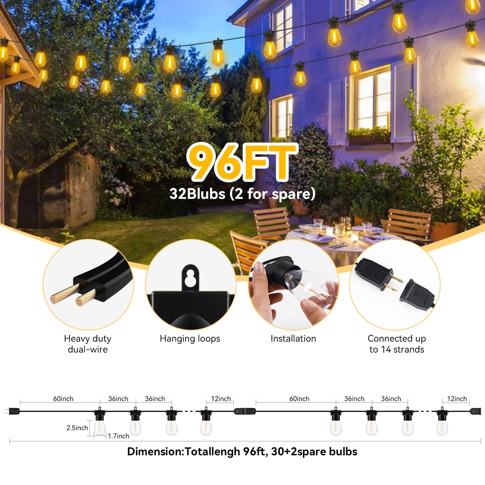 Aialun 96Ft(48Ftx2) Led Outdoor String Lights Outside Patio Yard Lighting Waterproof Hanging Warm Glow 2200K Shatterproof Edison