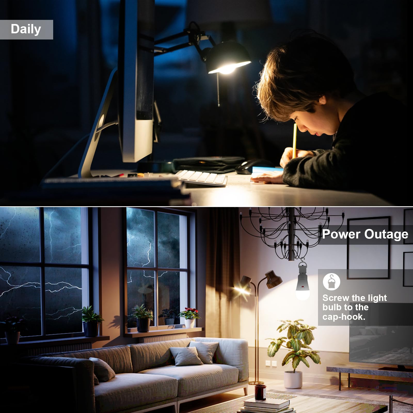 Emotionlite Rechargeable Emergency Light Bulb, 1800mAh Battery, 3 Brightness Levels, E26 Base, 5000K, 1 Pack